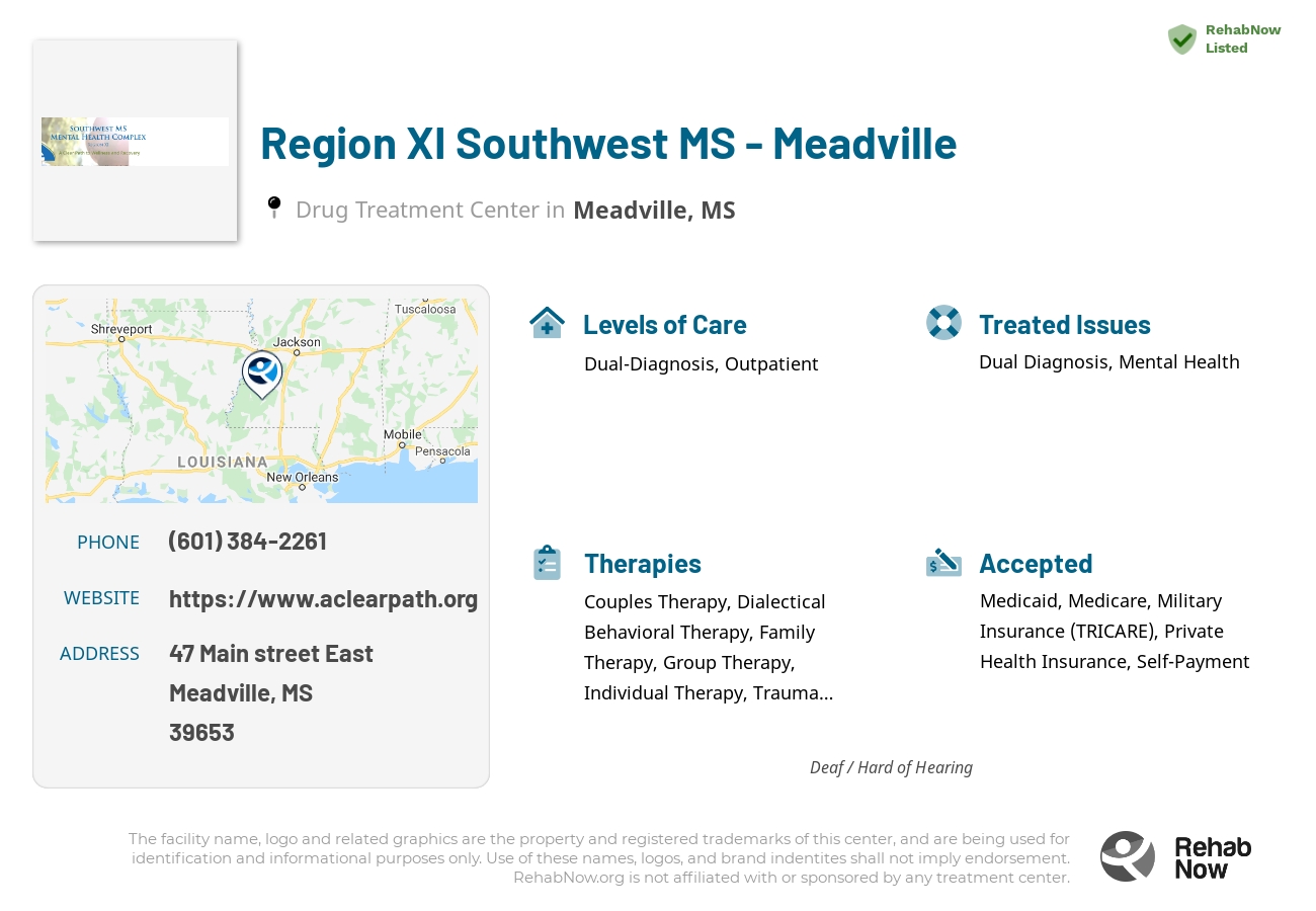 Helpful reference information for Region XI Southwest MS - Meadville, a drug treatment center in Mississippi located at: 47 47 Main street East, Meadville, MS 39653, including phone numbers, official website, and more. Listed briefly is an overview of Levels of Care, Therapies Offered, Issues Treated, and accepted forms of Payment Methods.
