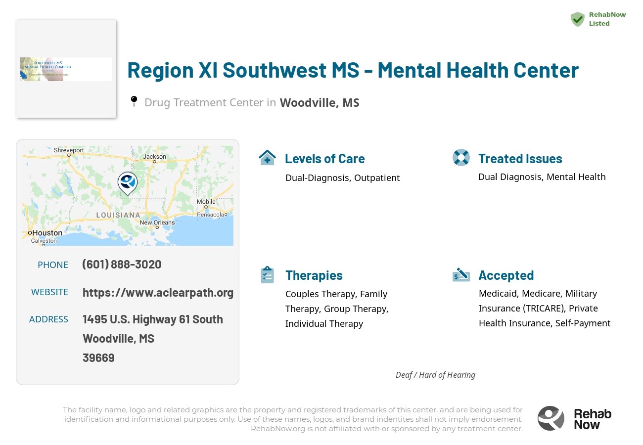 Helpful reference information for Region XI Southwest MS - Mental Health Center, a drug treatment center in Mississippi located at: 1495 1495 U.S. Highway 61 South, Woodville, MS 39669, including phone numbers, official website, and more. Listed briefly is an overview of Levels of Care, Therapies Offered, Issues Treated, and accepted forms of Payment Methods.