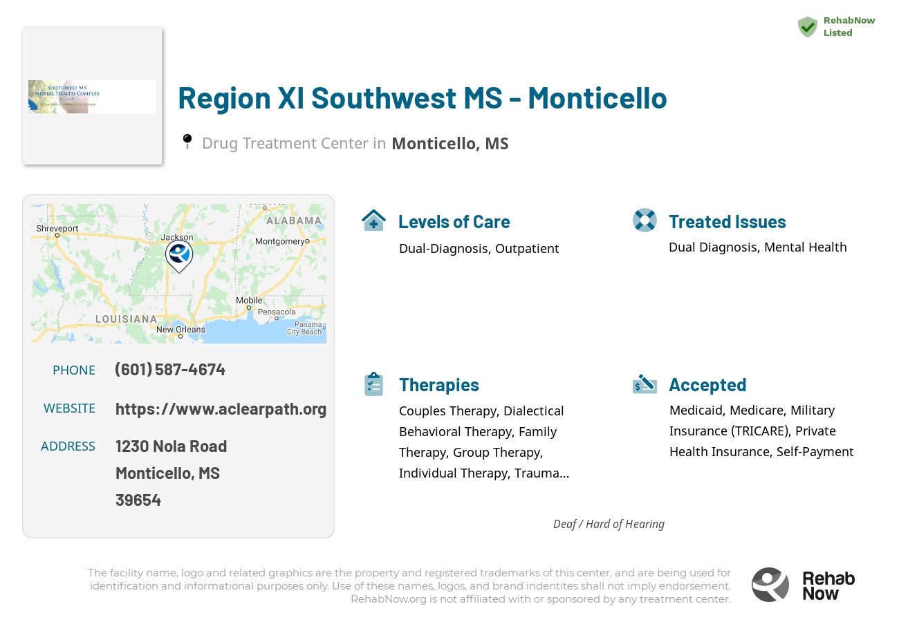 Helpful reference information for Region XI Southwest MS - Monticello, a drug treatment center in Mississippi located at: 1230 1230 Nola Road, Monticello, MS 39654, including phone numbers, official website, and more. Listed briefly is an overview of Levels of Care, Therapies Offered, Issues Treated, and accepted forms of Payment Methods.