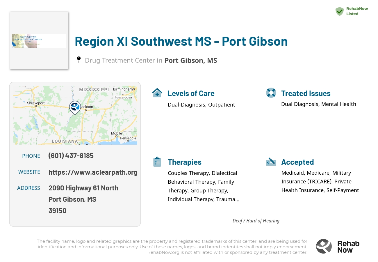 Helpful reference information for Region XI Southwest MS - Port Gibson, a drug treatment center in Mississippi located at: 2090 2090 Highway 61 North, Port Gibson, MS 39150, including phone numbers, official website, and more. Listed briefly is an overview of Levels of Care, Therapies Offered, Issues Treated, and accepted forms of Payment Methods.