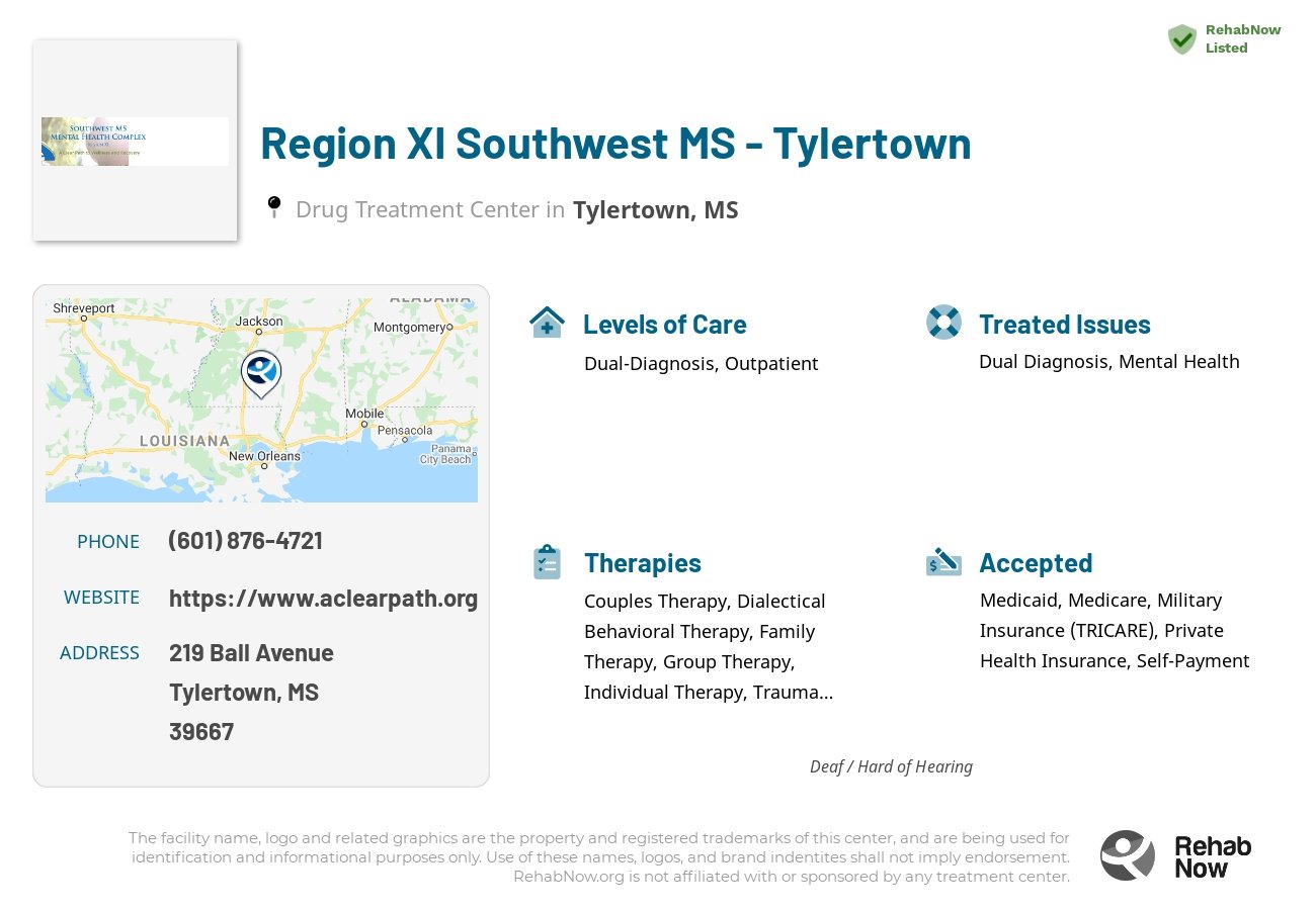 Helpful reference information for Region XI Southwest MS - Tylertown, a drug treatment center in Mississippi located at: 219 219 Ball Avenue, Tylertown, MS 39667, including phone numbers, official website, and more. Listed briefly is an overview of Levels of Care, Therapies Offered, Issues Treated, and accepted forms of Payment Methods.