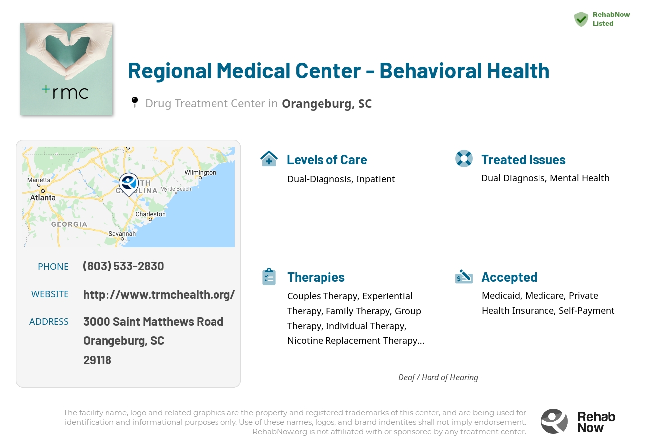 Helpful reference information for Regional Medical Center - Behavioral Health, a drug treatment center in South Carolina located at: 3000 3000 Saint Matthews Road, Orangeburg, SC 29118, including phone numbers, official website, and more. Listed briefly is an overview of Levels of Care, Therapies Offered, Issues Treated, and accepted forms of Payment Methods.