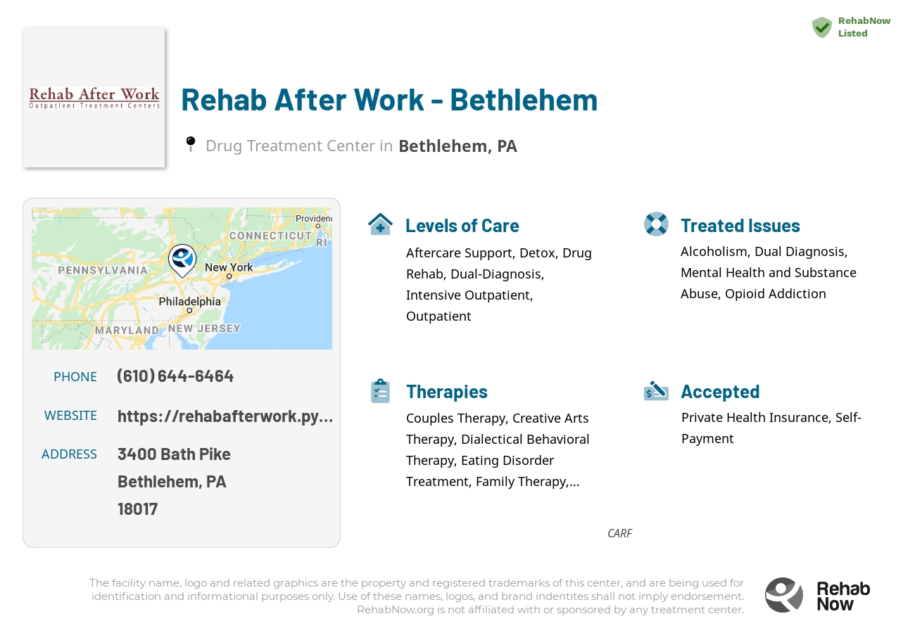 Helpful reference information for Rehab After Work - Bethlehem, a drug treatment center in Pennsylvania located at: 3400 Bath Pike, Bethlehem, PA 18017, including phone numbers, official website, and more. Listed briefly is an overview of Levels of Care, Therapies Offered, Issues Treated, and accepted forms of Payment Methods.