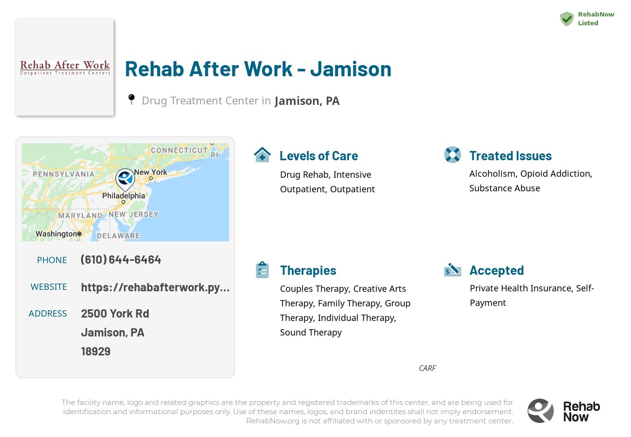 Helpful reference information for Rehab After Work - Jamison, a drug treatment center in Pennsylvania located at: 2500 York Rd, Jamison, PA 18929, including phone numbers, official website, and more. Listed briefly is an overview of Levels of Care, Therapies Offered, Issues Treated, and accepted forms of Payment Methods.