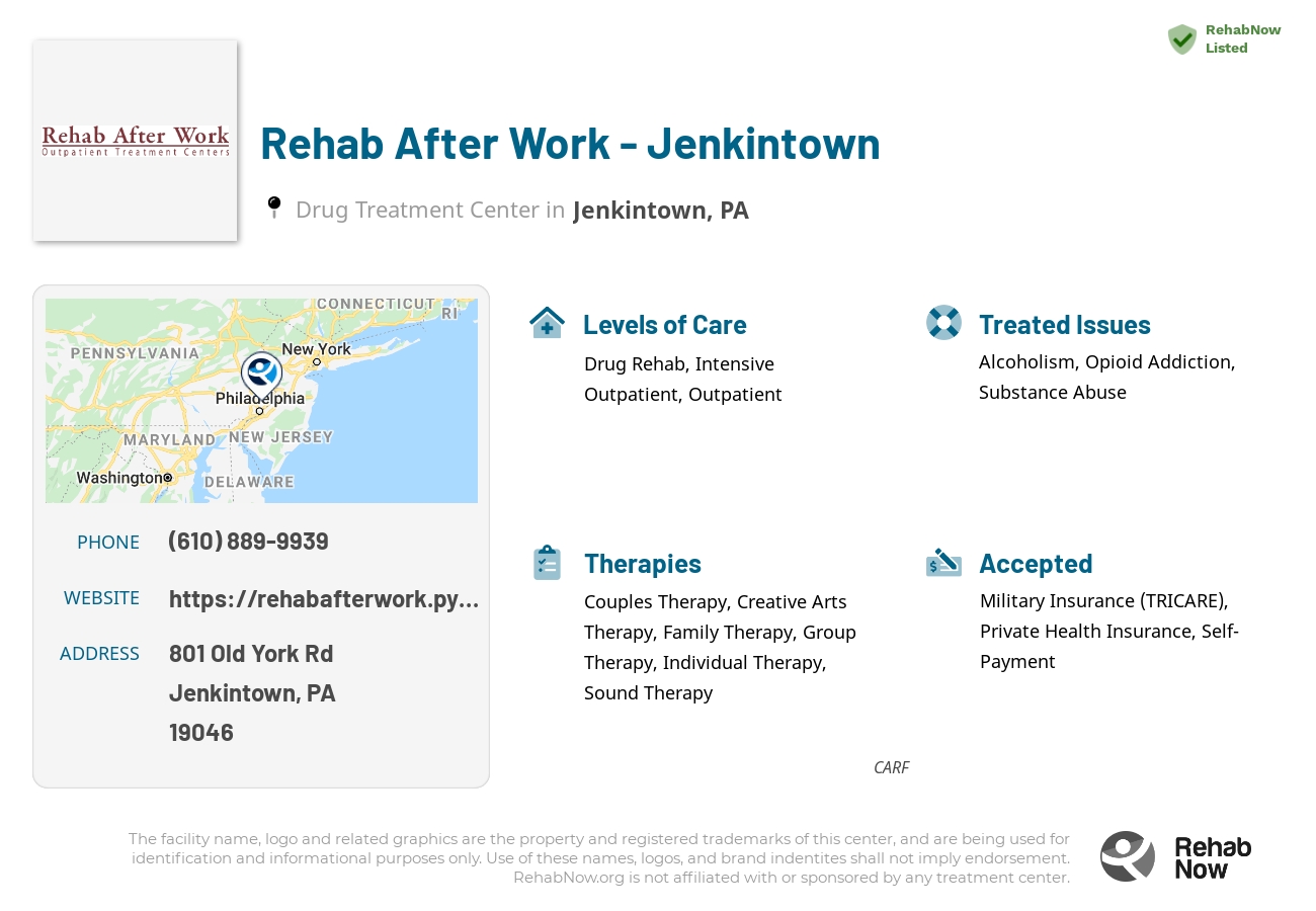Helpful reference information for Rehab After Work - Jenkintown, a drug treatment center in Pennsylvania located at: 801 Old York Rd, Jenkintown, PA 19046, including phone numbers, official website, and more. Listed briefly is an overview of Levels of Care, Therapies Offered, Issues Treated, and accepted forms of Payment Methods.