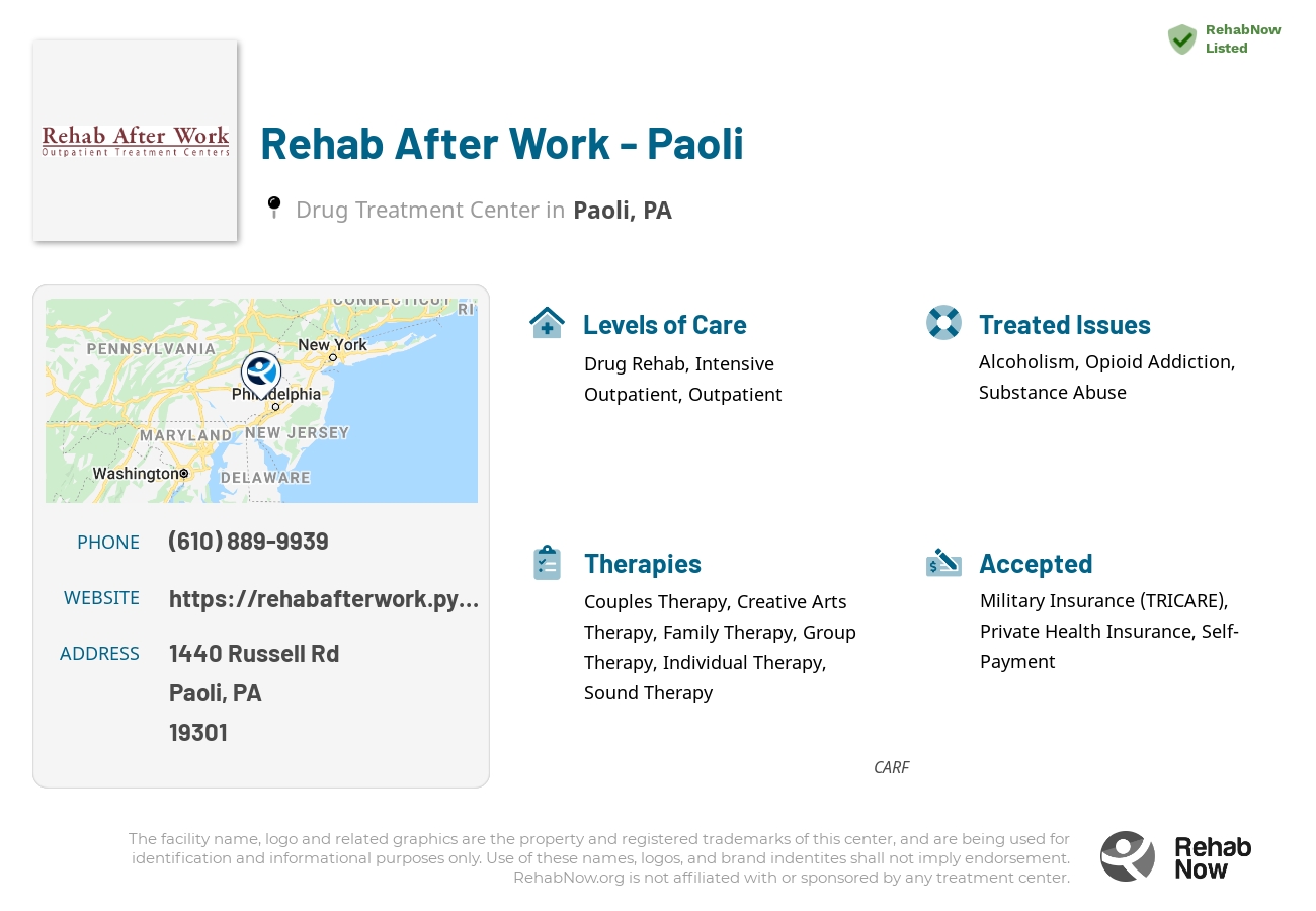 Helpful reference information for Rehab After Work - Paoli, a drug treatment center in Pennsylvania located at: 1440 Russell Rd, Paoli, PA 19301, including phone numbers, official website, and more. Listed briefly is an overview of Levels of Care, Therapies Offered, Issues Treated, and accepted forms of Payment Methods.