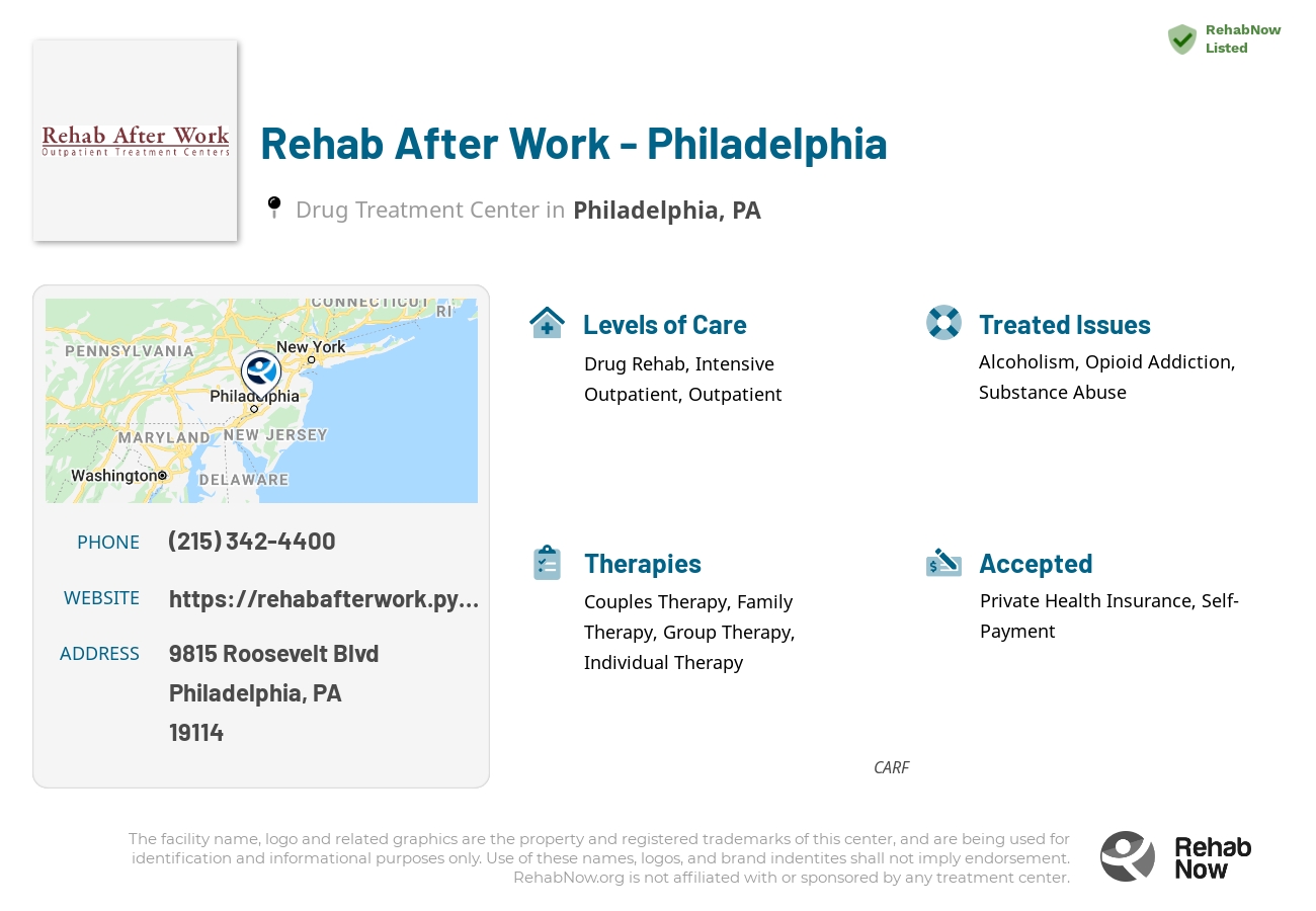 Helpful reference information for Rehab After Work - Philadelphia, a drug treatment center in Pennsylvania located at: 9815 Roosevelt Blvd, Philadelphia, PA 19114, including phone numbers, official website, and more. Listed briefly is an overview of Levels of Care, Therapies Offered, Issues Treated, and accepted forms of Payment Methods.