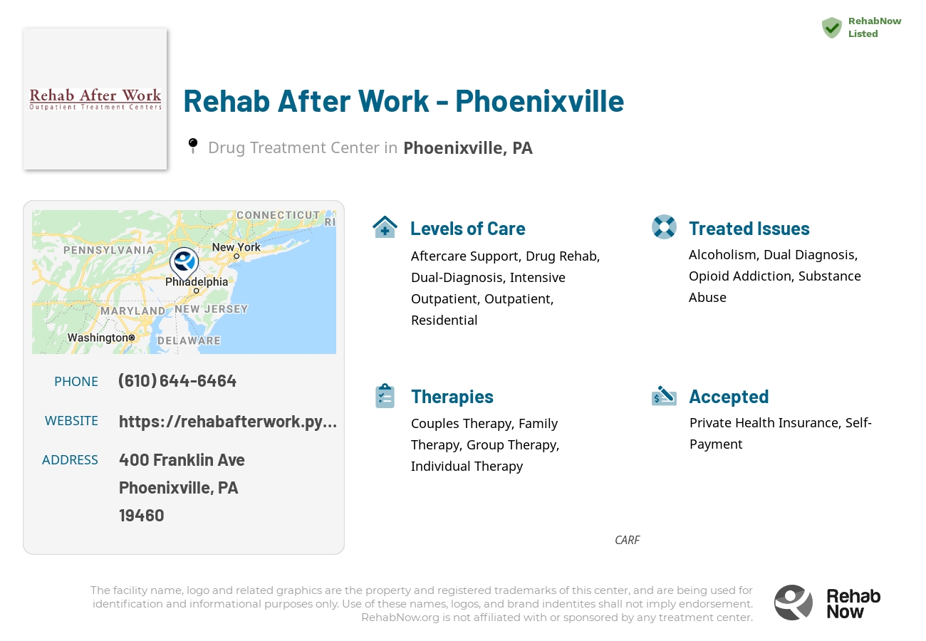 Helpful reference information for Rehab After Work - Phoenixville, a drug treatment center in Pennsylvania located at: 400 Franklin Ave, Phoenixville, PA 19460, including phone numbers, official website, and more. Listed briefly is an overview of Levels of Care, Therapies Offered, Issues Treated, and accepted forms of Payment Methods.