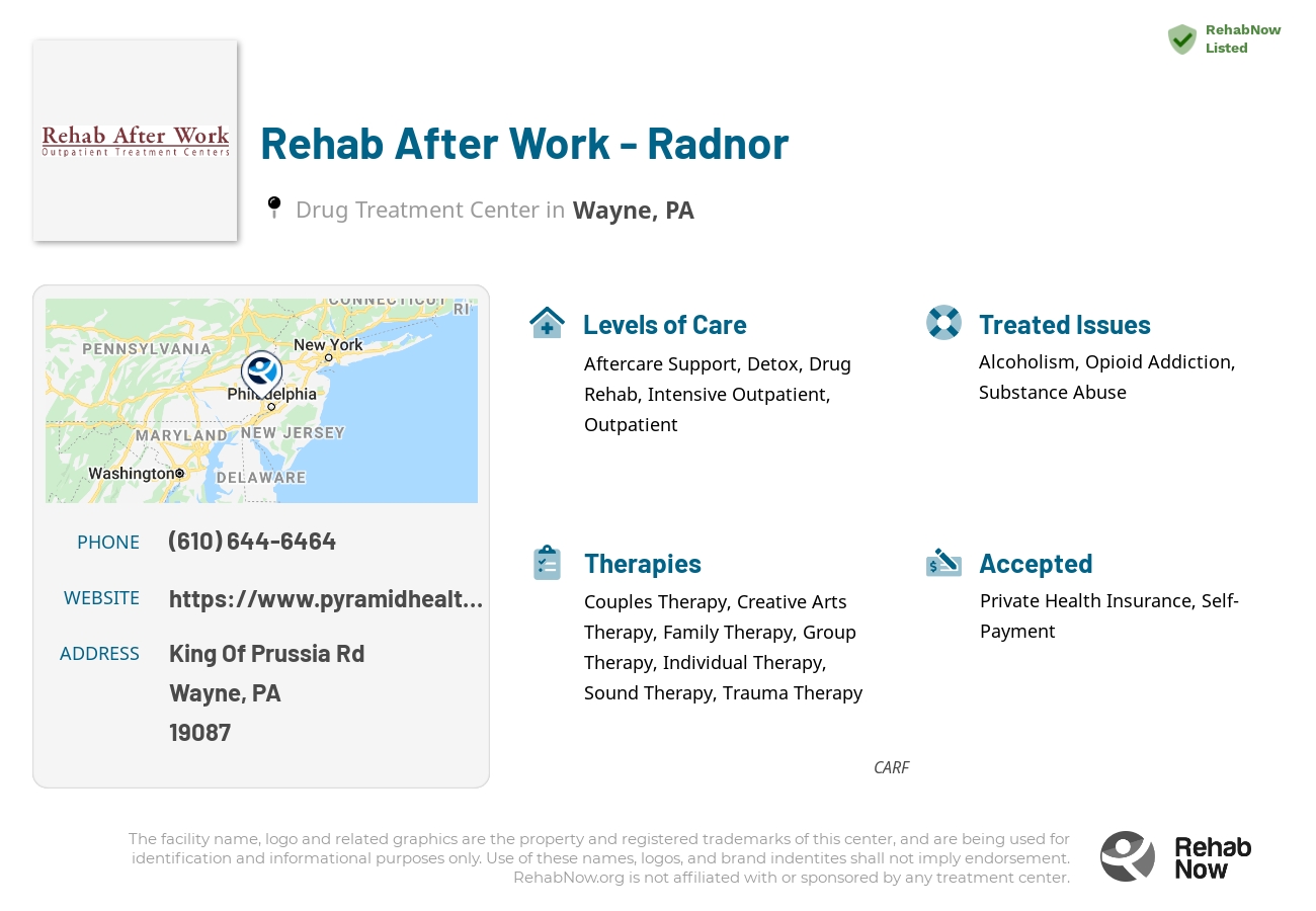 Helpful reference information for Rehab After Work - Radnor, a drug treatment center in Pennsylvania located at: King Of Prussia Rd, Wayne, PA 19087, including phone numbers, official website, and more. Listed briefly is an overview of Levels of Care, Therapies Offered, Issues Treated, and accepted forms of Payment Methods.