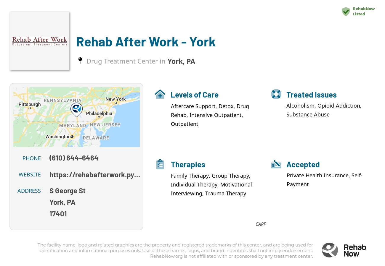 Helpful reference information for Rehab After Work - York, a drug treatment center in Pennsylvania located at: S George St, York, PA 17401, including phone numbers, official website, and more. Listed briefly is an overview of Levels of Care, Therapies Offered, Issues Treated, and accepted forms of Payment Methods.