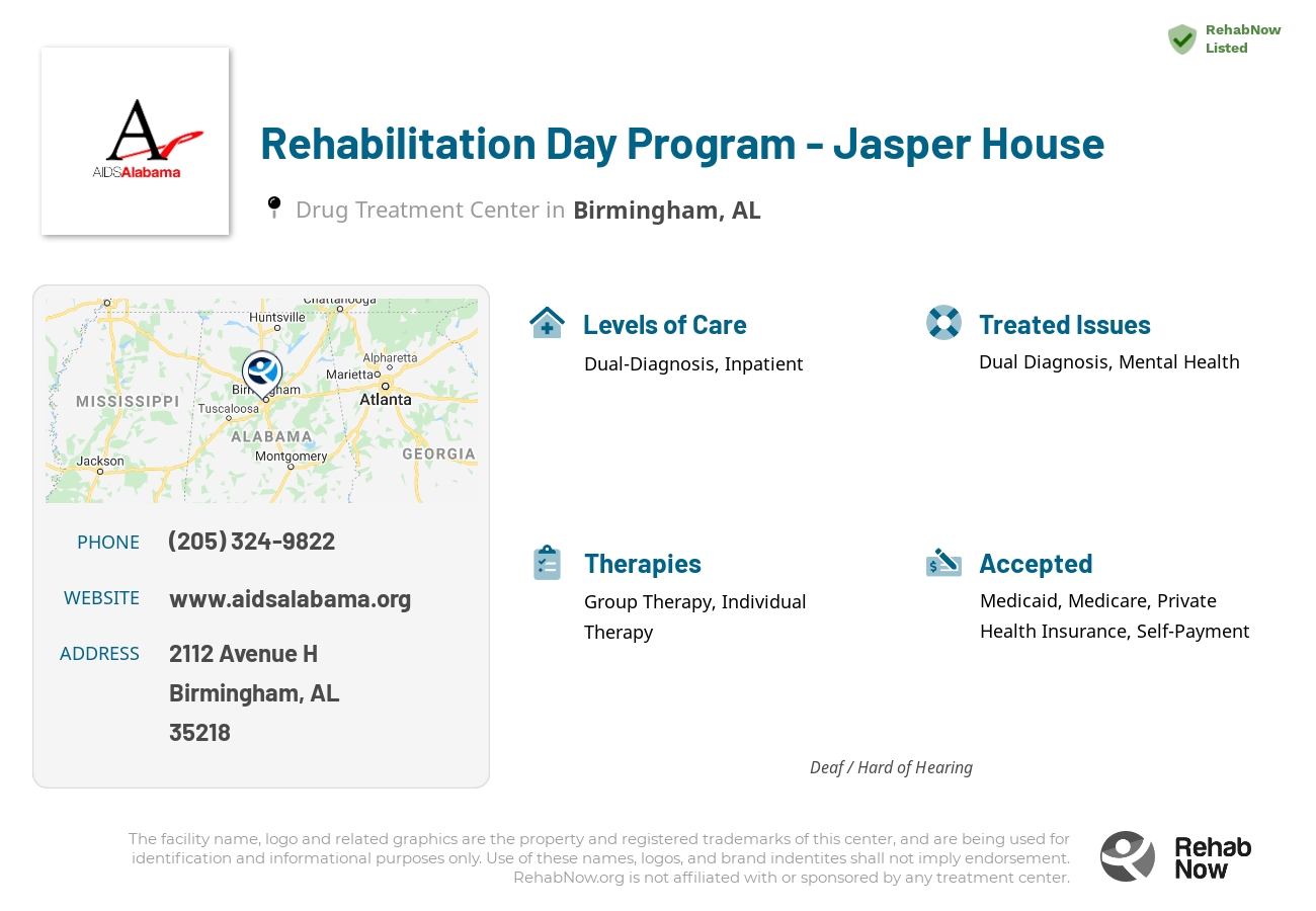 Helpful reference information for Rehabilitation Day Program - Jasper House, a drug treatment center in Alabama located at: 2112 Avenue H, Birmingham, AL, 35218, including phone numbers, official website, and more. Listed briefly is an overview of Levels of Care, Therapies Offered, Issues Treated, and accepted forms of Payment Methods.