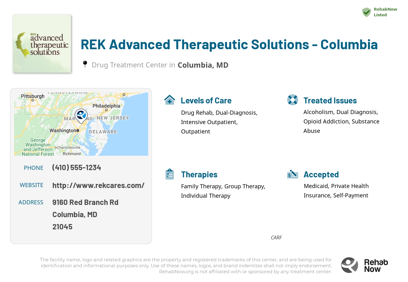 Helpful reference information for REK Advanced Therapeutic Solutions - Columbia, a drug treatment center in Maryland located at: 9160 Red Branch Rd, Columbia, MD 21045, including phone numbers, official website, and more. Listed briefly is an overview of Levels of Care, Therapies Offered, Issues Treated, and accepted forms of Payment Methods.