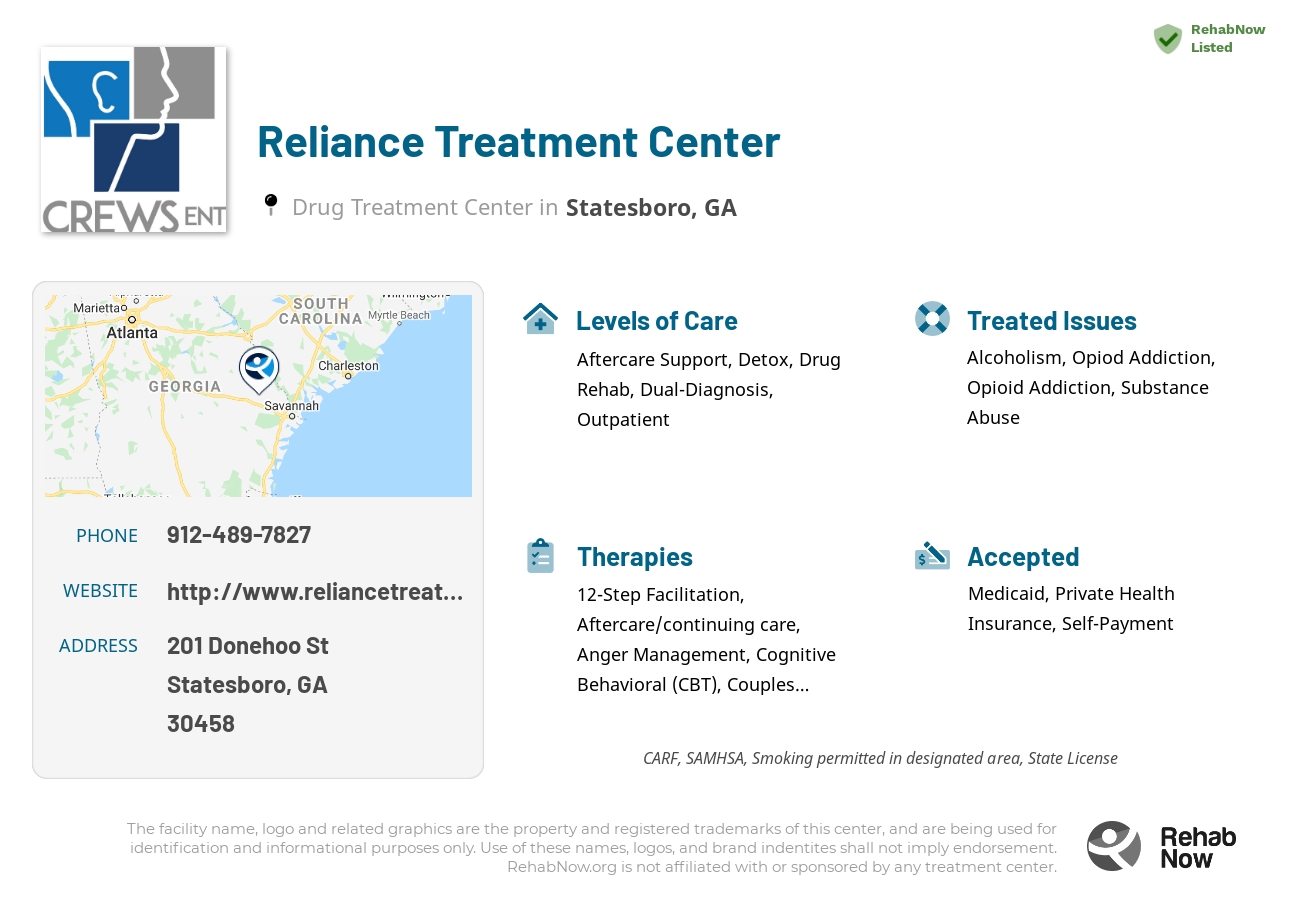 Helpful reference information for Reliance Treatment Center, a drug treatment center in Georgia located at: 201 Donehoo St, Statesboro, GA 30458, including phone numbers, official website, and more. Listed briefly is an overview of Levels of Care, Therapies Offered, Issues Treated, and accepted forms of Payment Methods.