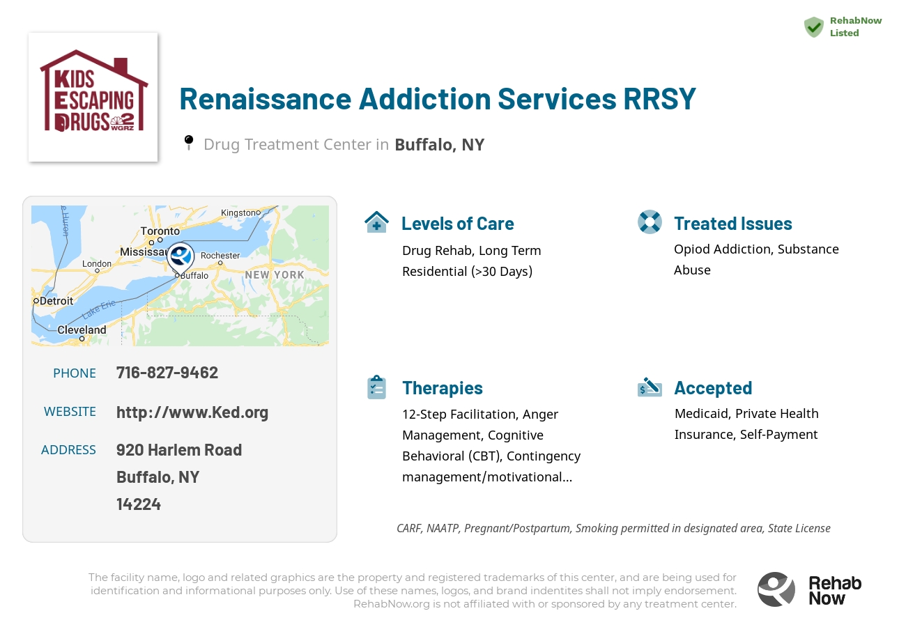 Helpful reference information for Renaissance Addiction Services RRSY, a drug treatment center in New York located at: 920 Harlem Road, Buffalo, NY 14224, including phone numbers, official website, and more. Listed briefly is an overview of Levels of Care, Therapies Offered, Issues Treated, and accepted forms of Payment Methods.
