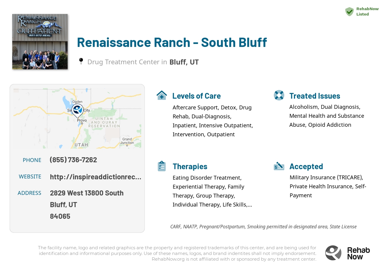 Helpful reference information for Renaissance Ranch - South Bluff, a drug treatment center in Utah located at: 2829 2829 West 13800 South, Bluff, UT 84065, including phone numbers, official website, and more. Listed briefly is an overview of Levels of Care, Therapies Offered, Issues Treated, and accepted forms of Payment Methods.