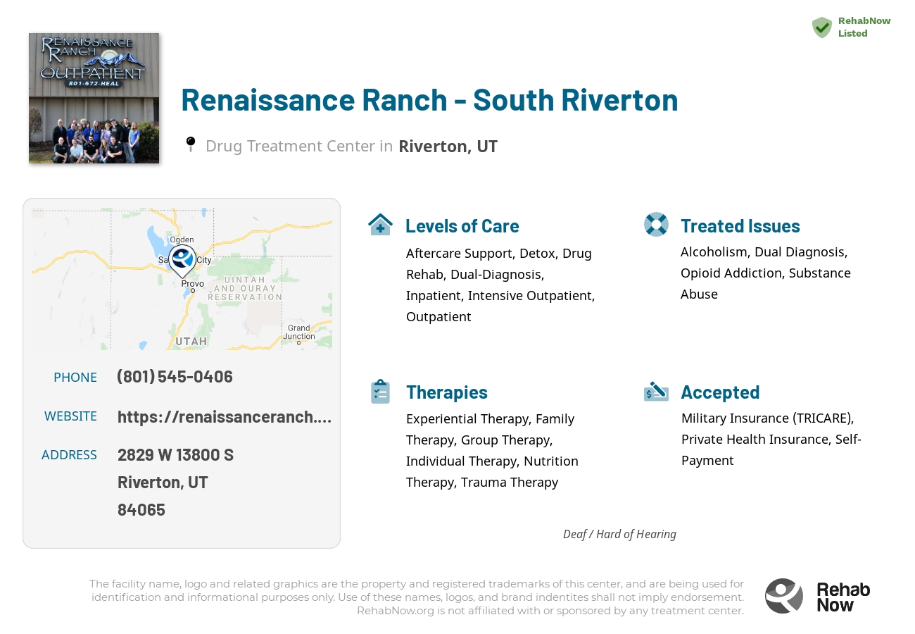 Helpful reference information for Renaissance Ranch - South Riverton, a drug treatment center in Utah located at: 2829 W 13800 S, Riverton, UT 84065, including phone numbers, official website, and more. Listed briefly is an overview of Levels of Care, Therapies Offered, Issues Treated, and accepted forms of Payment Methods.