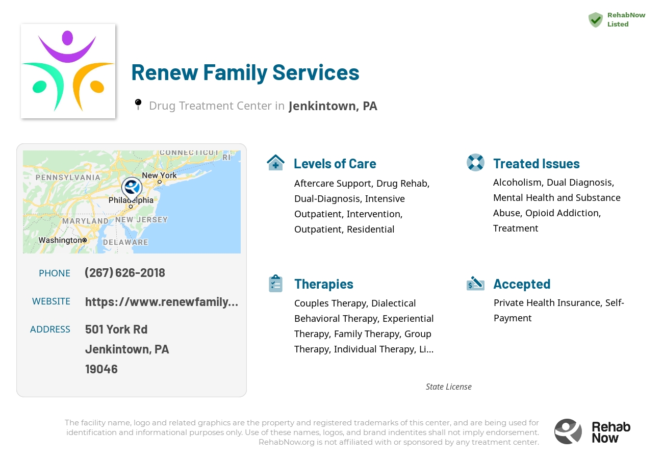 Helpful reference information for Renew Family Services, a drug treatment center in Pennsylvania located at: 501 York Rd, Jenkintown, PA 19046, including phone numbers, official website, and more. Listed briefly is an overview of Levels of Care, Therapies Offered, Issues Treated, and accepted forms of Payment Methods.