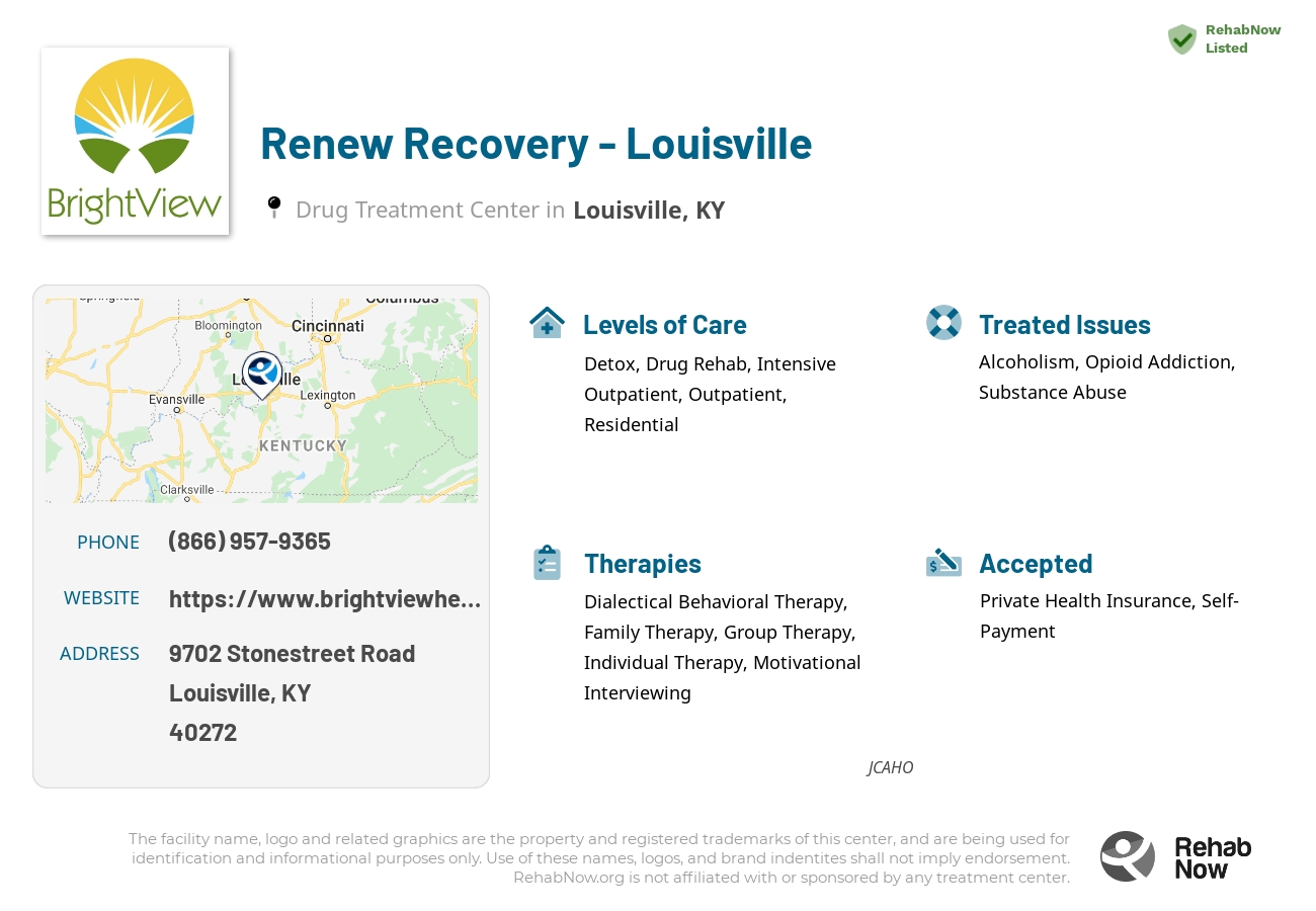 Helpful reference information for Renew Recovery - Louisville, a drug treatment center in Kentucky located at: 9702 Stonestreet Road, Louisville, KY, 40272, including phone numbers, official website, and more. Listed briefly is an overview of Levels of Care, Therapies Offered, Issues Treated, and accepted forms of Payment Methods.