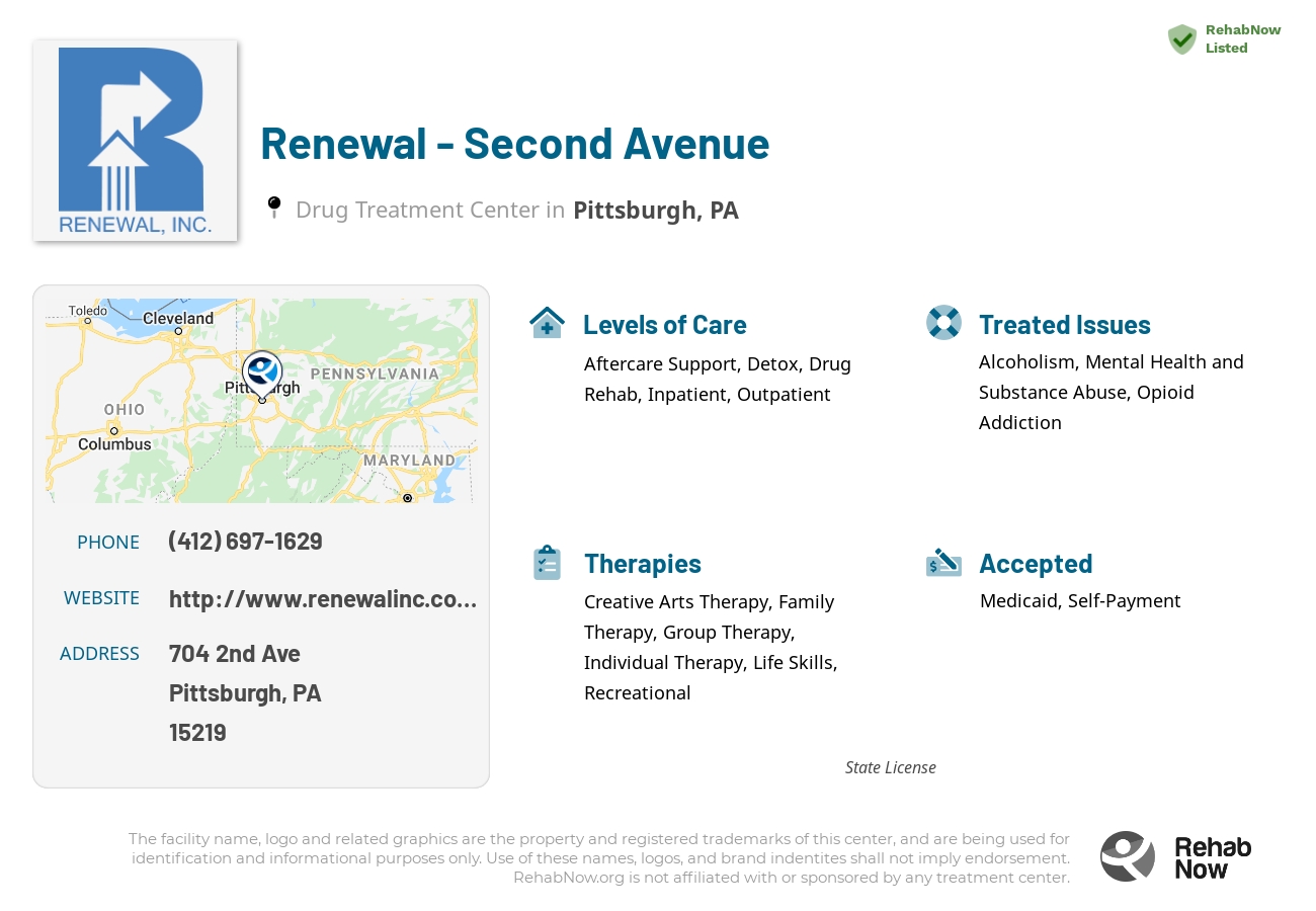 Helpful reference information for Renewal - Second Avenue, a drug treatment center in Pennsylvania located at: 704 2nd Ave, Pittsburgh, PA 15219, including phone numbers, official website, and more. Listed briefly is an overview of Levels of Care, Therapies Offered, Issues Treated, and accepted forms of Payment Methods.