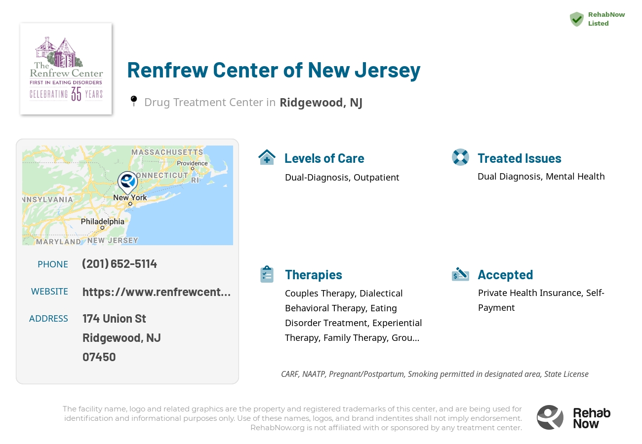 Helpful reference information for Renfrew Center of New Jersey, a drug treatment center in New Jersey located at: 174 Union St, Ridgewood, NJ 07450, including phone numbers, official website, and more. Listed briefly is an overview of Levels of Care, Therapies Offered, Issues Treated, and accepted forms of Payment Methods.