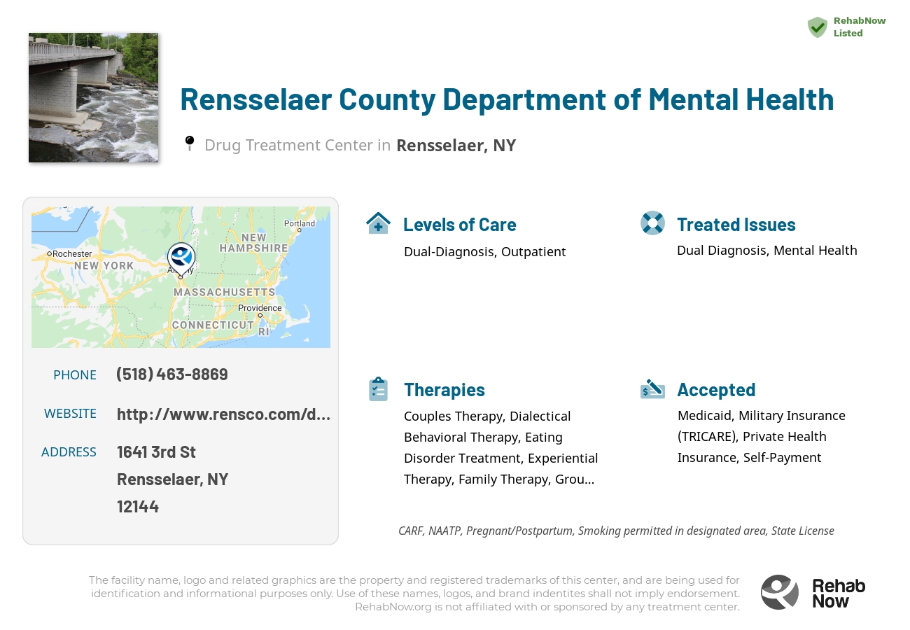 Helpful reference information for Rensselaer County Department of Mental Health, a drug treatment center in New York located at: 1641 3rd St, Rensselaer, NY 12144, including phone numbers, official website, and more. Listed briefly is an overview of Levels of Care, Therapies Offered, Issues Treated, and accepted forms of Payment Methods.