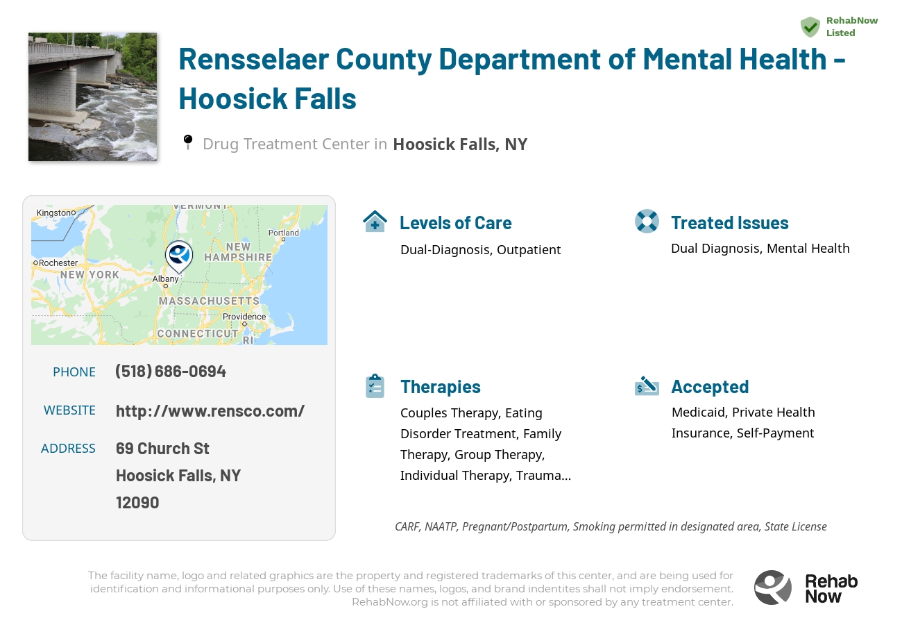 Helpful reference information for Rensselaer County Department of Mental Health - Hoosick Falls, a drug treatment center in New York located at: 69 Church St, Hoosick Falls, NY 12090, including phone numbers, official website, and more. Listed briefly is an overview of Levels of Care, Therapies Offered, Issues Treated, and accepted forms of Payment Methods.