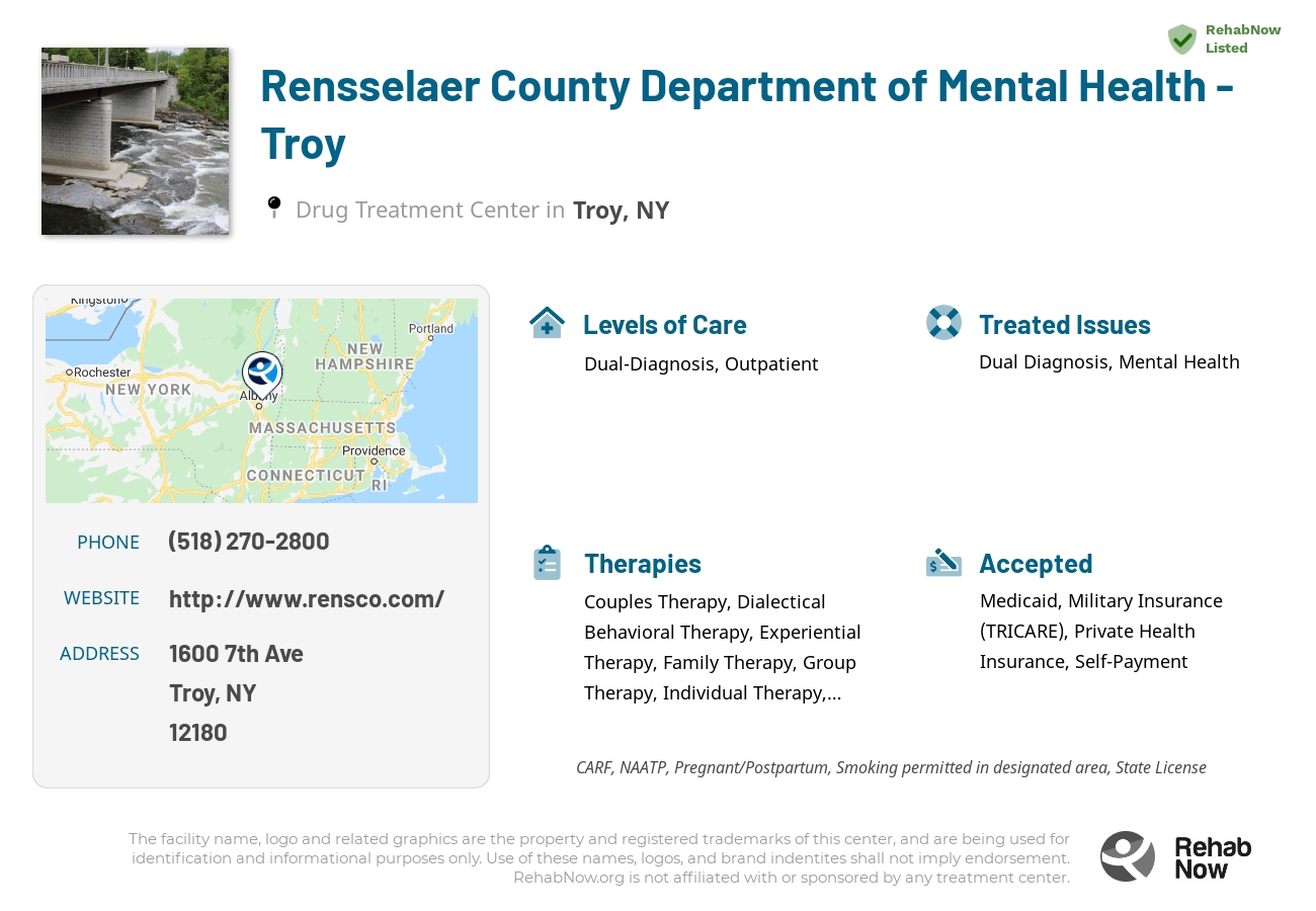 Helpful reference information for Rensselaer County Department of Mental Health - Troy, a drug treatment center in New York located at: 1600 7th Ave, Troy, NY 12180, including phone numbers, official website, and more. Listed briefly is an overview of Levels of Care, Therapies Offered, Issues Treated, and accepted forms of Payment Methods.