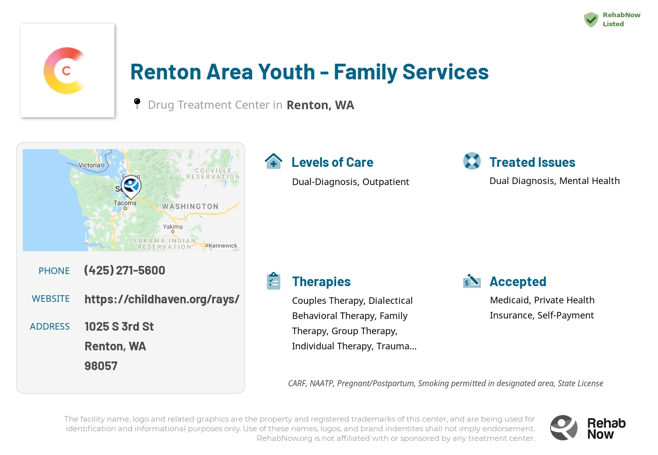 Helpful reference information for Renton Area Youth - Family Services, a drug treatment center in Washington located at: 1025 S 3rd St, Renton, WA 98057, including phone numbers, official website, and more. Listed briefly is an overview of Levels of Care, Therapies Offered, Issues Treated, and accepted forms of Payment Methods.