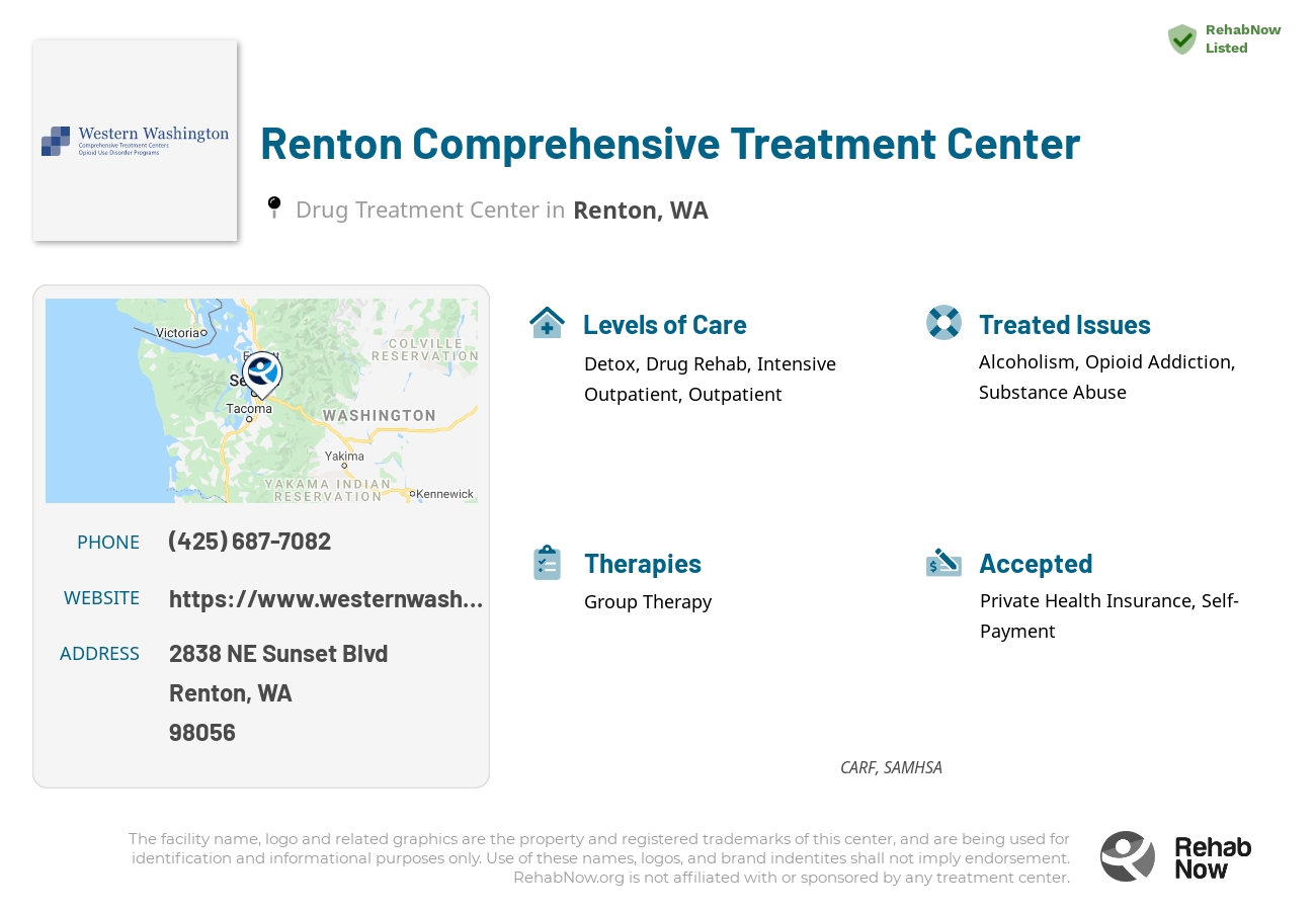 Helpful reference information for Renton Comprehensive Treatment Center, a drug treatment center in Washington located at: 2838 NE Sunset Blvd, Renton, WA 98056, including phone numbers, official website, and more. Listed briefly is an overview of Levels of Care, Therapies Offered, Issues Treated, and accepted forms of Payment Methods.