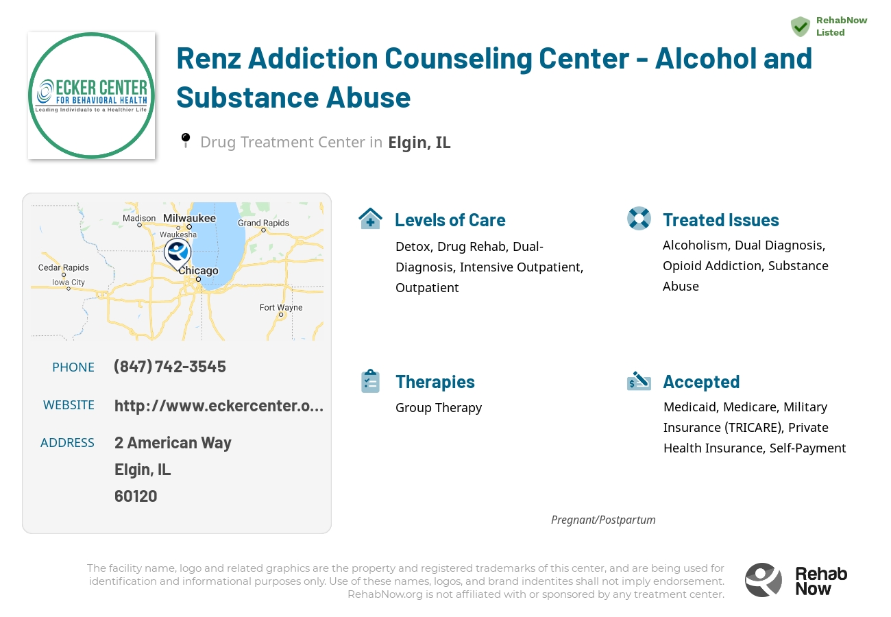 Helpful reference information for Renz Addiction Counseling Center - Alcohol and Substance Abuse, a drug treatment center in Illinois located at: 2 American Way, Elgin, IL 60120, including phone numbers, official website, and more. Listed briefly is an overview of Levels of Care, Therapies Offered, Issues Treated, and accepted forms of Payment Methods.