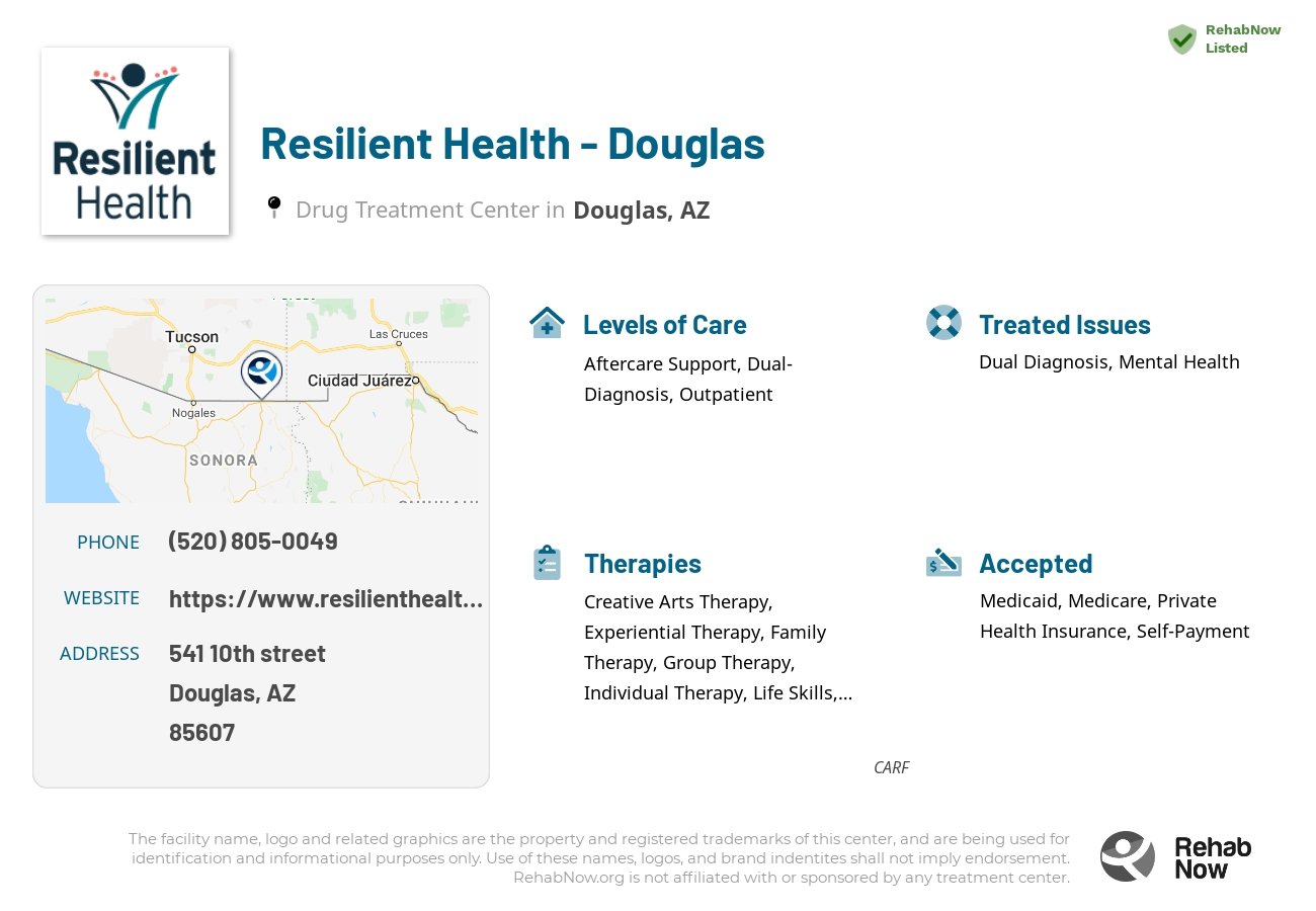Helpful reference information for Resilient Health - Douglas, a drug treatment center in Arizona located at: 541 541 10th street, Douglas, AZ 85607, including phone numbers, official website, and more. Listed briefly is an overview of Levels of Care, Therapies Offered, Issues Treated, and accepted forms of Payment Methods.