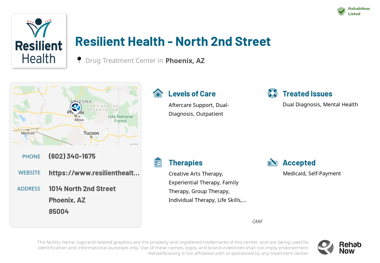Helpful reference information for Resilient Health - North 2nd Street, a drug treatment center in Arizona located at: 1014 1014 North 2nd Street, Phoenix, AZ 85004, including phone numbers, official website, and more. Listed briefly is an overview of Levels of Care, Therapies Offered, Issues Treated, and accepted forms of Payment Methods.