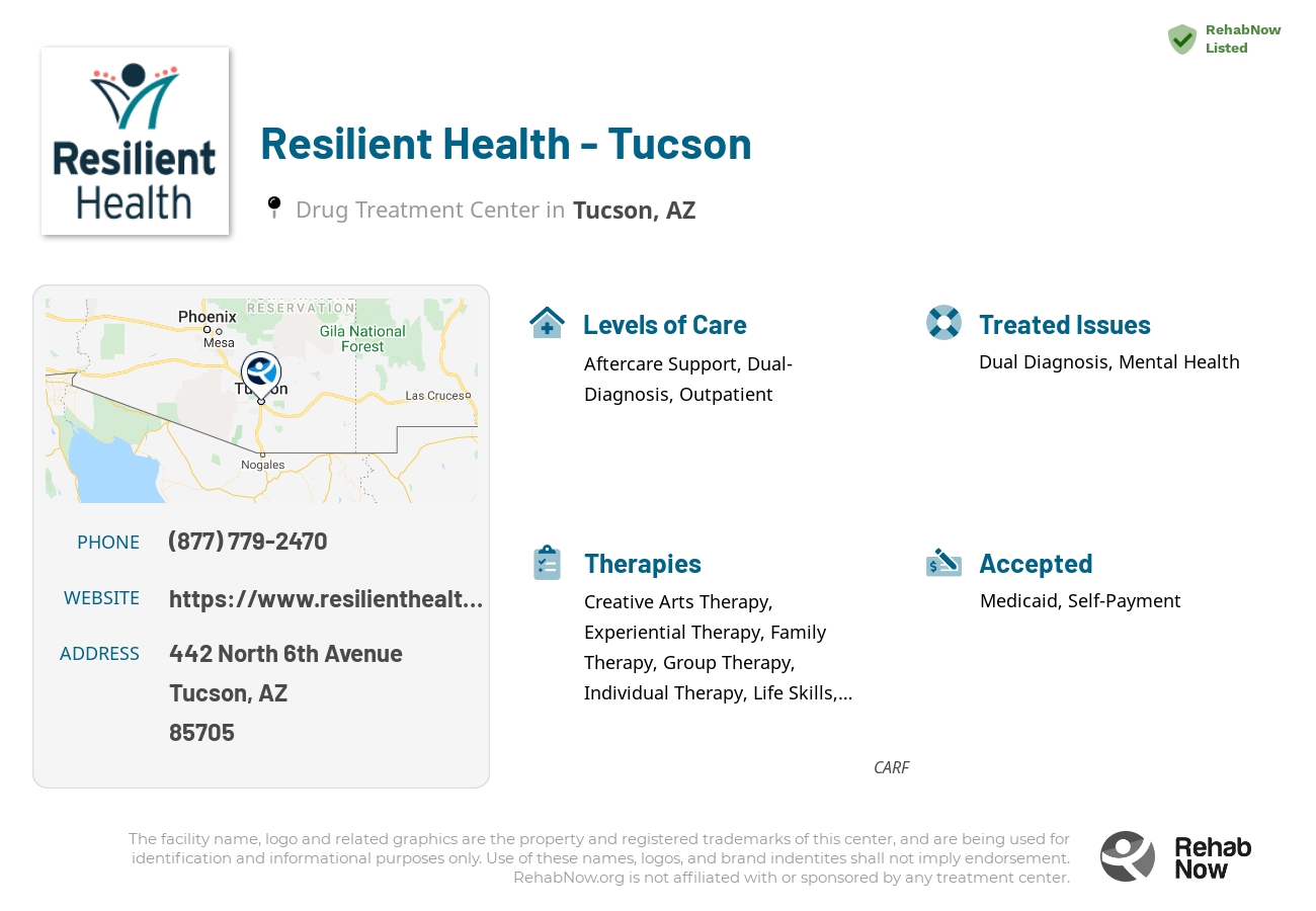 Helpful reference information for Resilient Health - Tucson, a drug treatment center in Arizona located at: 442 442 North 6th Avenue, Tucson, AZ 85705, including phone numbers, official website, and more. Listed briefly is an overview of Levels of Care, Therapies Offered, Issues Treated, and accepted forms of Payment Methods.
