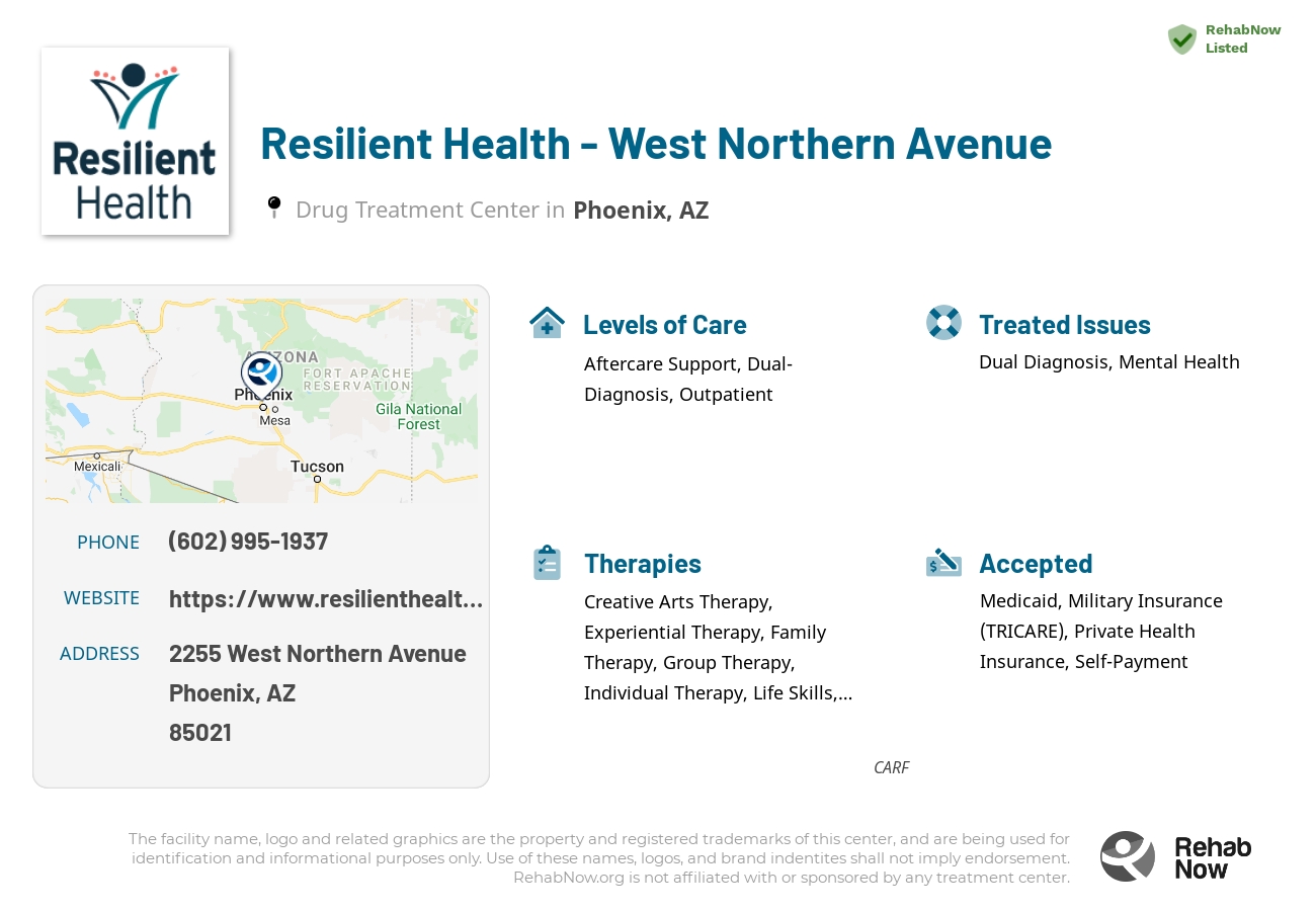 Helpful reference information for Resilient Health - West Northern Avenue, a drug treatment center in Arizona located at: 2255 2255 West Northern Avenue, Phoenix, AZ 85021, including phone numbers, official website, and more. Listed briefly is an overview of Levels of Care, Therapies Offered, Issues Treated, and accepted forms of Payment Methods.