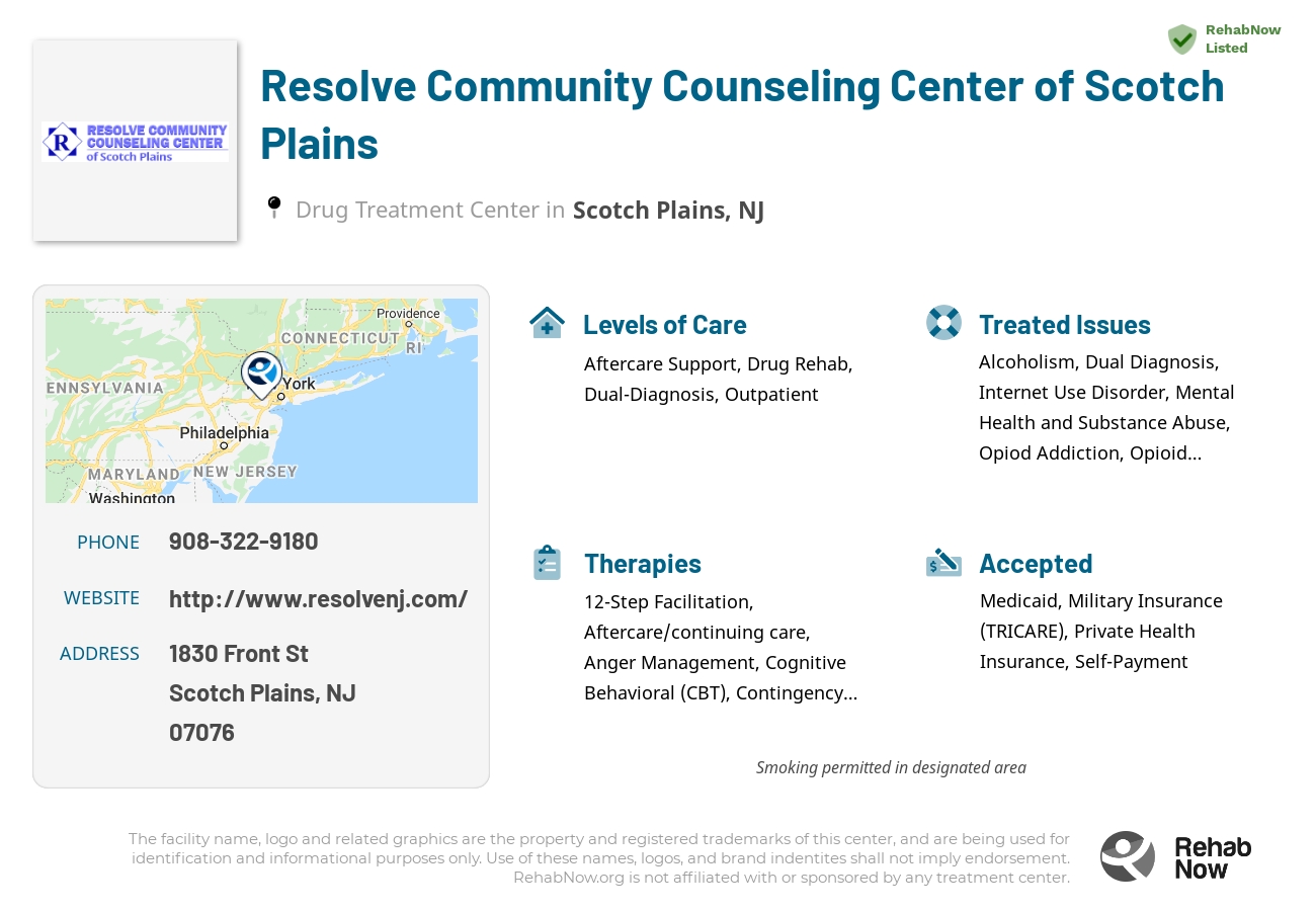 Helpful reference information for Resolve Community Counseling Center of Scotch Plains, a drug treatment center in New Jersey located at: 1830 Front St, Scotch Plains, NJ 07076, including phone numbers, official website, and more. Listed briefly is an overview of Levels of Care, Therapies Offered, Issues Treated, and accepted forms of Payment Methods.