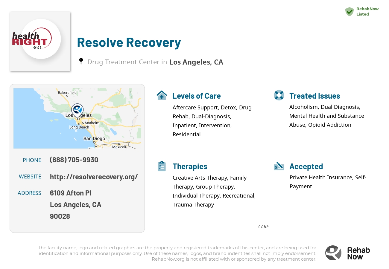 Helpful reference information for Resolve Recovery, a drug treatment center in California located at: 6109 Afton Pl, Los Angeles, CA 90028, including phone numbers, official website, and more. Listed briefly is an overview of Levels of Care, Therapies Offered, Issues Treated, and accepted forms of Payment Methods.