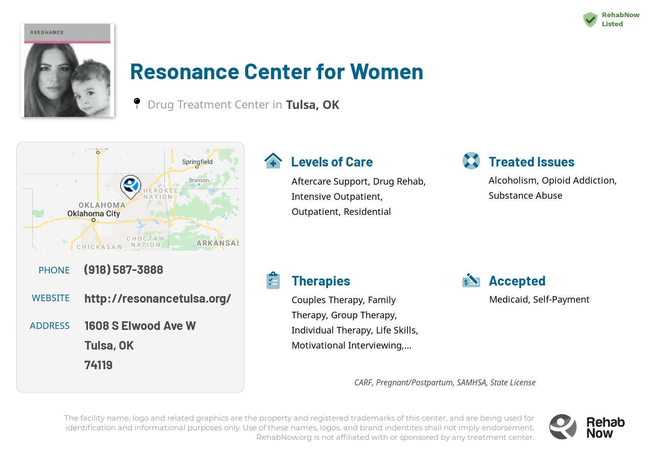 Helpful reference information for Resonance Center for Women, a drug treatment center in Oklahoma located at: 1608 S Elwood Ave W, Tulsa, OK 74119, including phone numbers, official website, and more. Listed briefly is an overview of Levels of Care, Therapies Offered, Issues Treated, and accepted forms of Payment Methods.