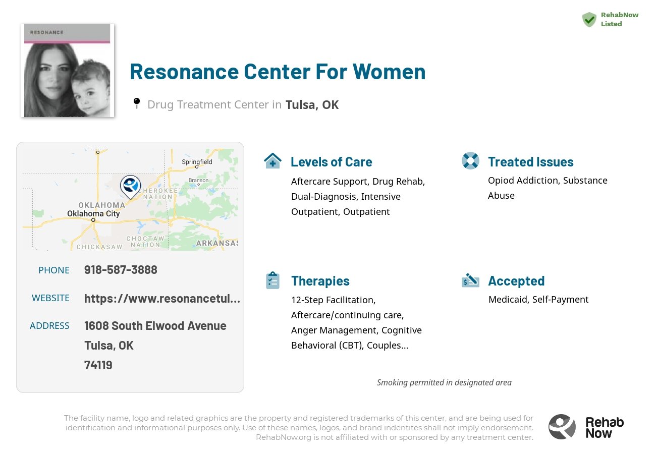 Helpful reference information for Resonance Center For Women, a drug treatment center in Oklahoma located at: 1608 South Elwood Avenue, Tulsa, OK 74119, including phone numbers, official website, and more. Listed briefly is an overview of Levels of Care, Therapies Offered, Issues Treated, and accepted forms of Payment Methods.