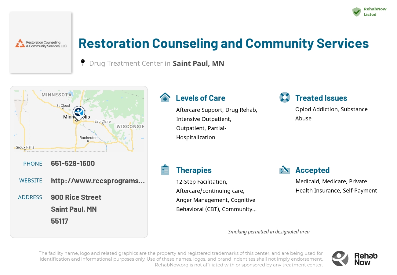 Helpful reference information for Restoration Counseling and Community Services, a drug treatment center in Minnesota located at: 900 Rice Street, Saint Paul, MN 55117, including phone numbers, official website, and more. Listed briefly is an overview of Levels of Care, Therapies Offered, Issues Treated, and accepted forms of Payment Methods.