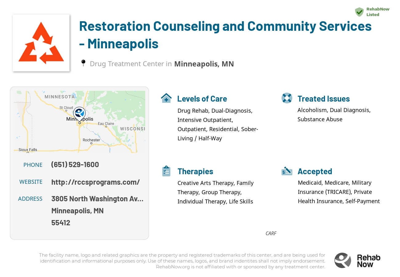 Helpful reference information for Restoration Counseling and Community Services - Minneapolis, a drug treatment center in Minnesota located at: 3805 3805 North Washington Avenue, Minneapolis, MN 55412, including phone numbers, official website, and more. Listed briefly is an overview of Levels of Care, Therapies Offered, Issues Treated, and accepted forms of Payment Methods.