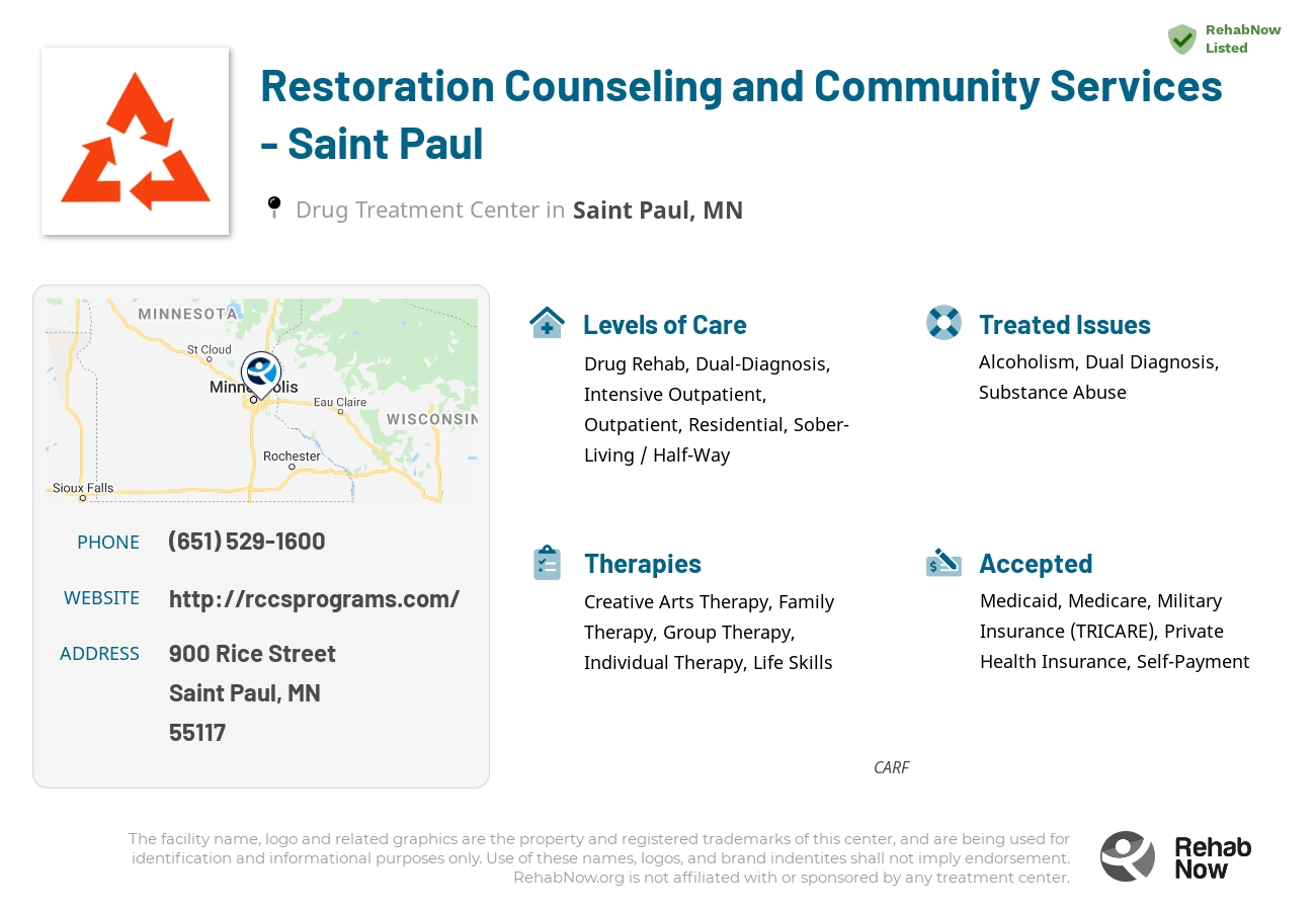 Helpful reference information for Restoration Counseling and Community Services - Saint Paul, a drug treatment center in Minnesota located at: 900 900 Rice Street, Saint Paul, MN 55117, including phone numbers, official website, and more. Listed briefly is an overview of Levels of Care, Therapies Offered, Issues Treated, and accepted forms of Payment Methods.