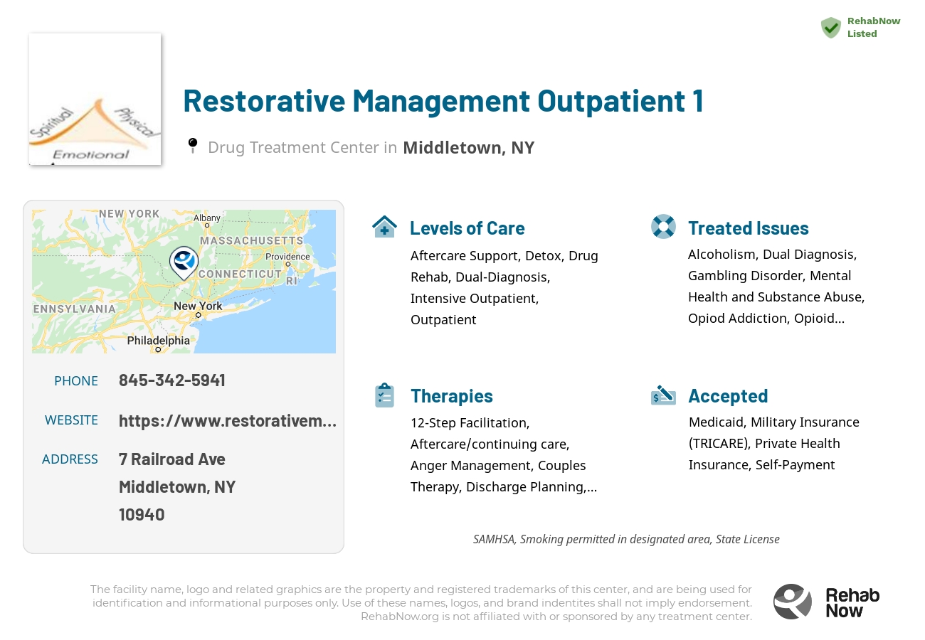 Helpful reference information for Restorative Management Outpatient 1, a drug treatment center in New York located at: 7 Railroad Ave, Middletown, NY 10940, including phone numbers, official website, and more. Listed briefly is an overview of Levels of Care, Therapies Offered, Issues Treated, and accepted forms of Payment Methods.