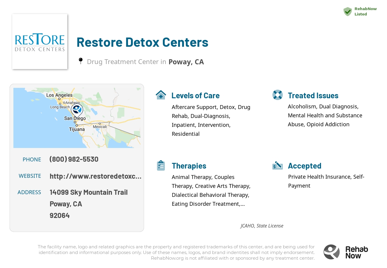 Helpful reference information for Restore Detox Centers, a drug treatment center in California located at: 14099 Sky Mountain Trail, Poway, CA, 92064, including phone numbers, official website, and more. Listed briefly is an overview of Levels of Care, Therapies Offered, Issues Treated, and accepted forms of Payment Methods.