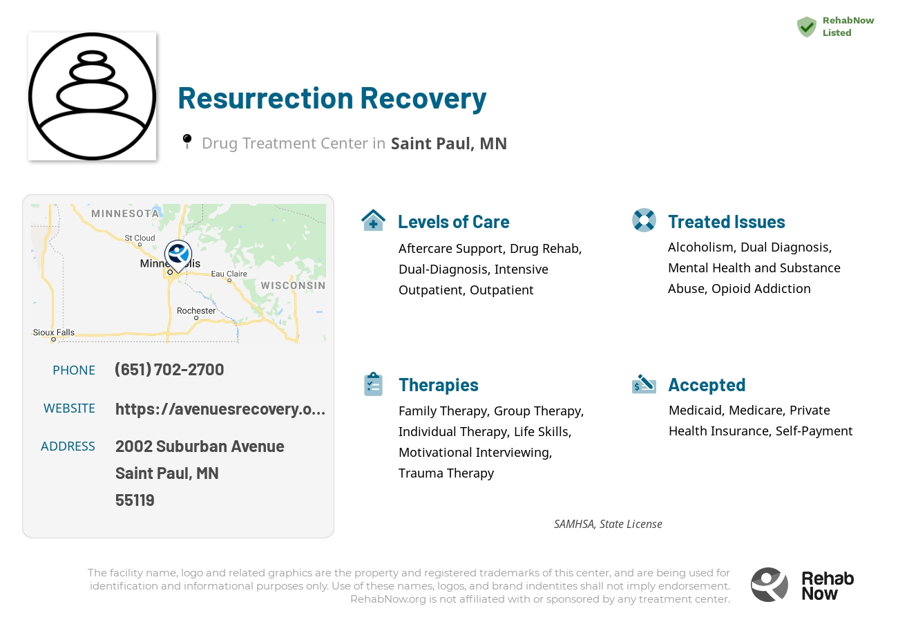 Helpful reference information for Resurrection Recovery, a drug treatment center in Minnesota located at: 2002 2002 Suburban Avenue, Saint Paul, MN 55119, including phone numbers, official website, and more. Listed briefly is an overview of Levels of Care, Therapies Offered, Issues Treated, and accepted forms of Payment Methods.