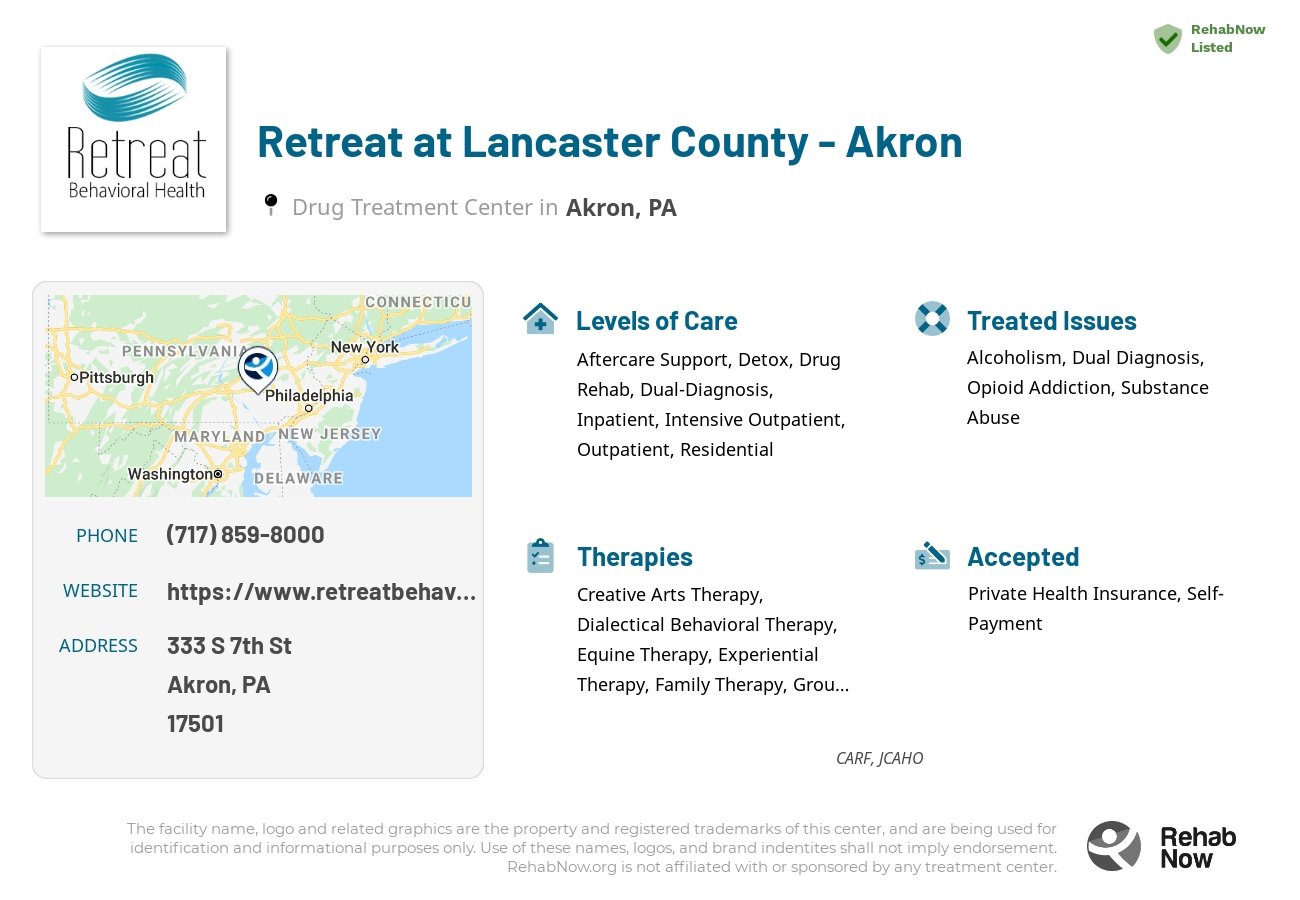 Helpful reference information for Retreat at Lancaster County - Akron, a drug treatment center in Pennsylvania located at: 333 S 7th St, Akron, PA 17501, including phone numbers, official website, and more. Listed briefly is an overview of Levels of Care, Therapies Offered, Issues Treated, and accepted forms of Payment Methods.