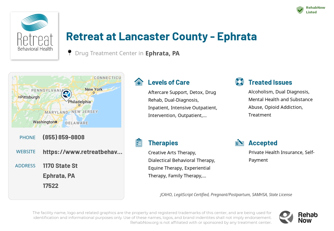 Helpful reference information for Retreat at Lancaster County - Ephrata, a drug treatment center in Pennsylvania located at: 1170 State St, Ephrata, PA 17522, including phone numbers, official website, and more. Listed briefly is an overview of Levels of Care, Therapies Offered, Issues Treated, and accepted forms of Payment Methods.