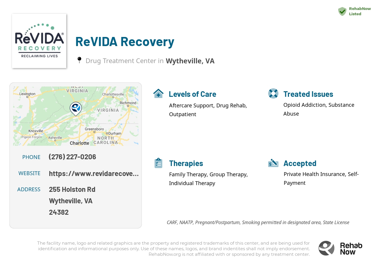 Helpful reference information for ReVIDA Recovery, a drug treatment center in Virginia located at: 255 Holston Rd, Wytheville, VA 24382, including phone numbers, official website, and more. Listed briefly is an overview of Levels of Care, Therapies Offered, Issues Treated, and accepted forms of Payment Methods.