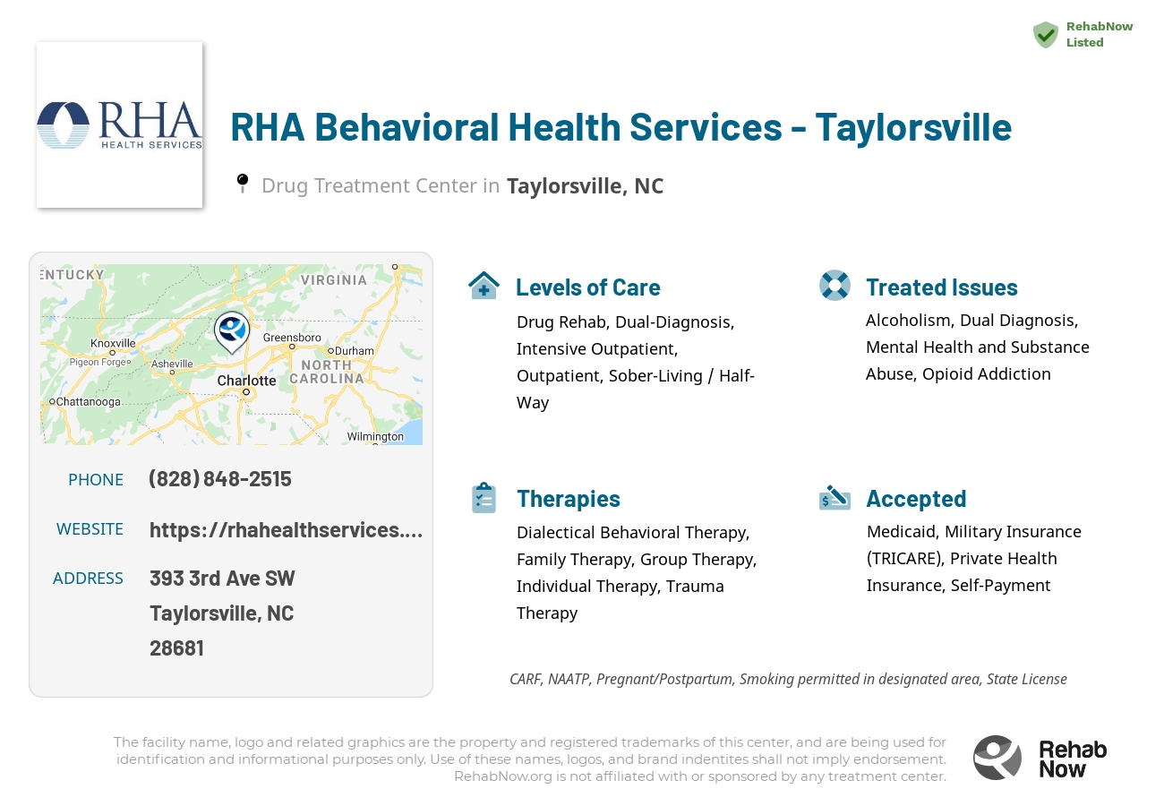 Helpful reference information for RHA Behavioral Health Services - Taylorsville, a drug treatment center in North Carolina located at: 393 3rd Ave SW, Taylorsville, NC 28681, including phone numbers, official website, and more. Listed briefly is an overview of Levels of Care, Therapies Offered, Issues Treated, and accepted forms of Payment Methods.