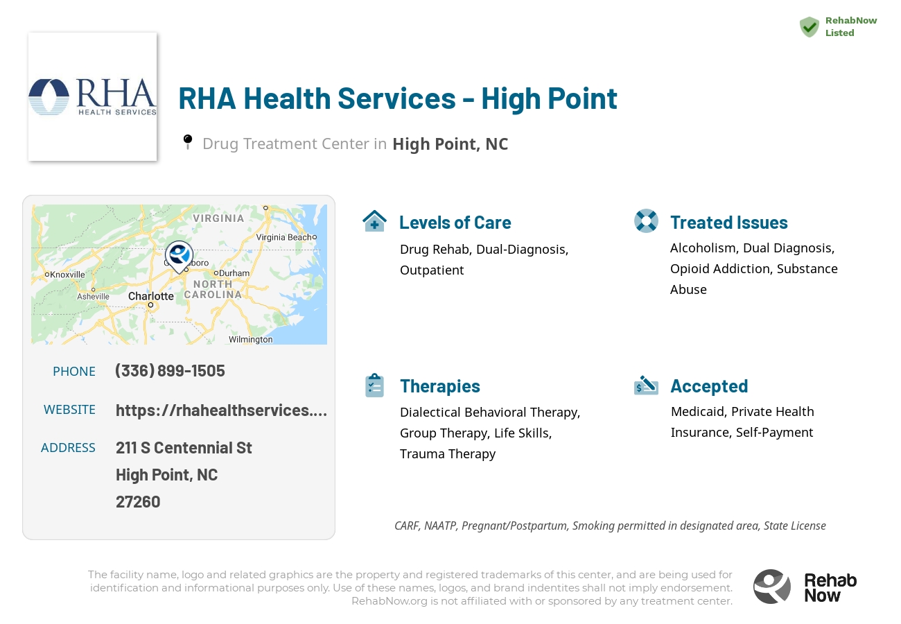Helpful reference information for RHA Health Services - High Point, a drug treatment center in North Carolina located at: 211 S Centennial St, High Point, NC 27260, including phone numbers, official website, and more. Listed briefly is an overview of Levels of Care, Therapies Offered, Issues Treated, and accepted forms of Payment Methods.