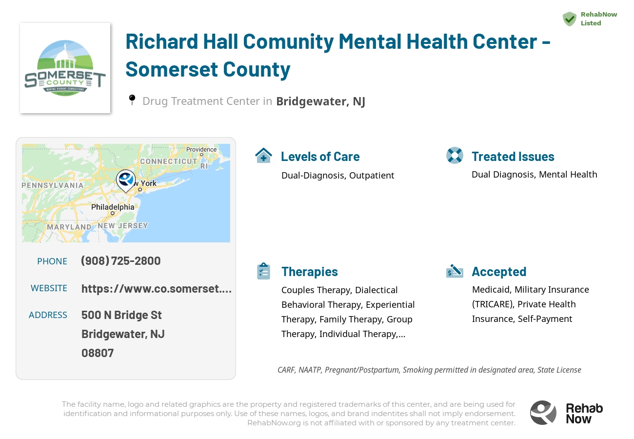 Helpful reference information for Richard Hall Comunity Mental Health Center - Somerset County, a drug treatment center in New Jersey located at: 500 N Bridge St, Bridgewater, NJ 08807, including phone numbers, official website, and more. Listed briefly is an overview of Levels of Care, Therapies Offered, Issues Treated, and accepted forms of Payment Methods.
